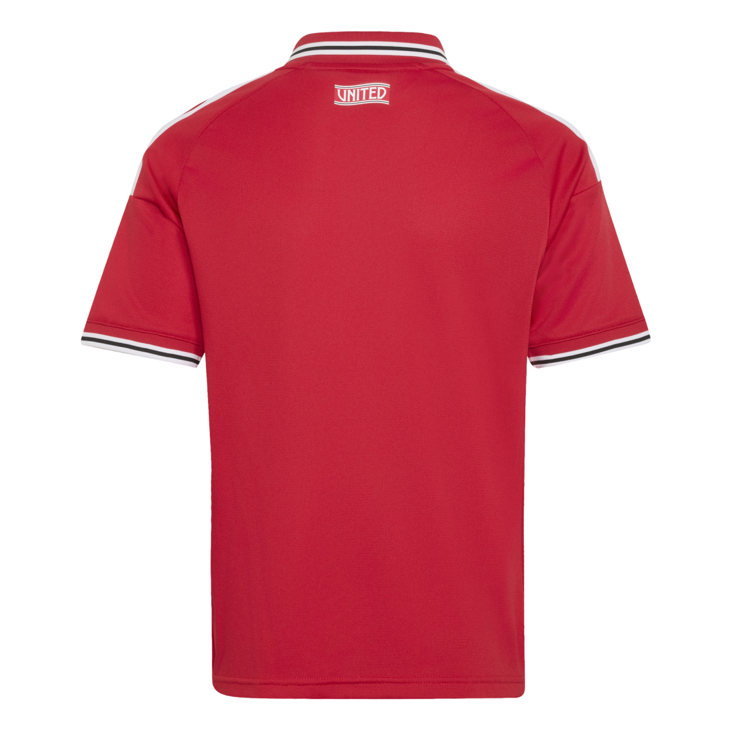Back of a red short-sleeved jersey with white shoulder stripes, striped trim on the collar and cuffs, and the word "UNITED" printed in white below the collar.