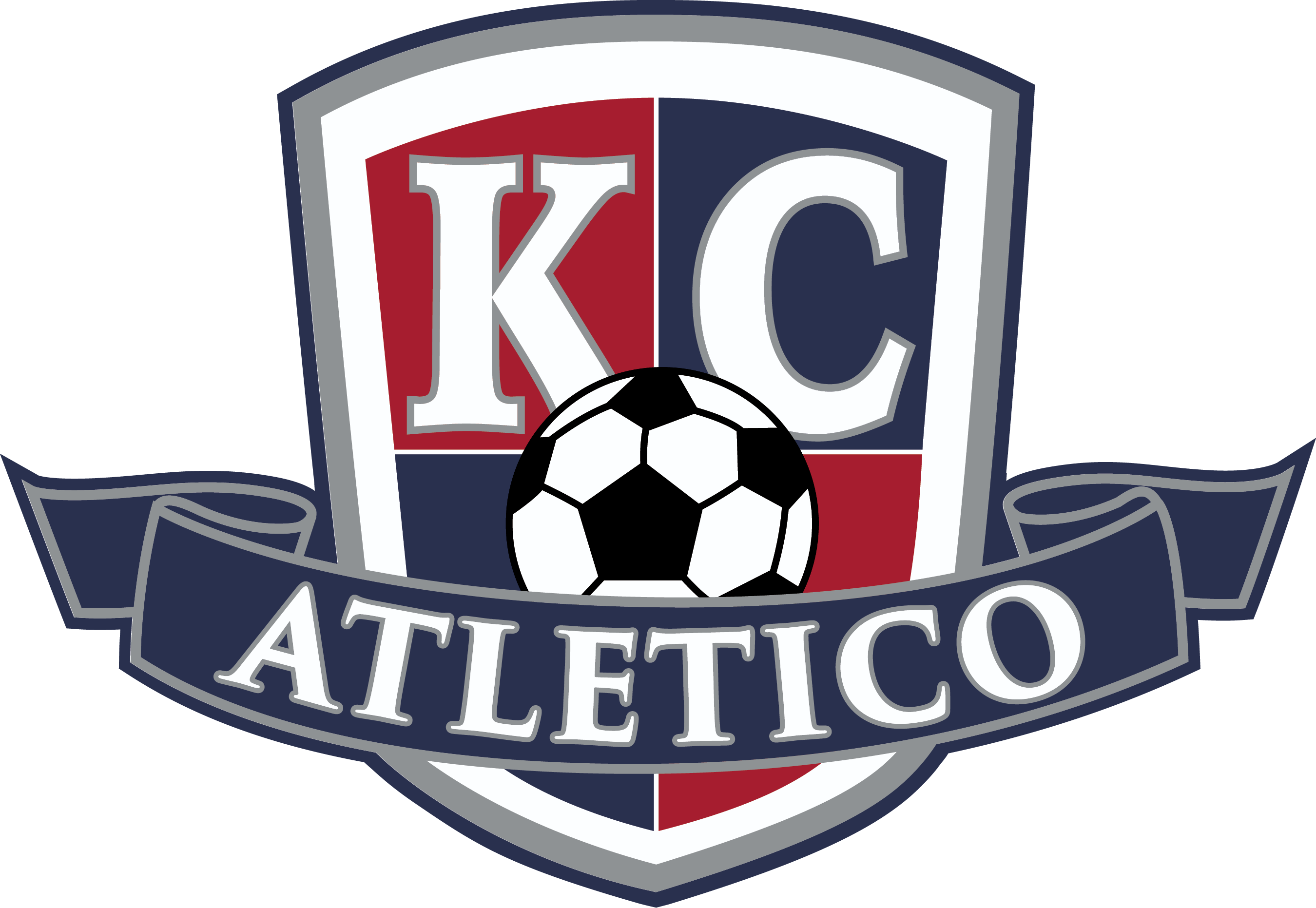 KC Atletico soccer logo featuring a red and blue shield with a central soccer ball, large white 'KC' letters, and a navy banner below with the word 'ATLETICO'.