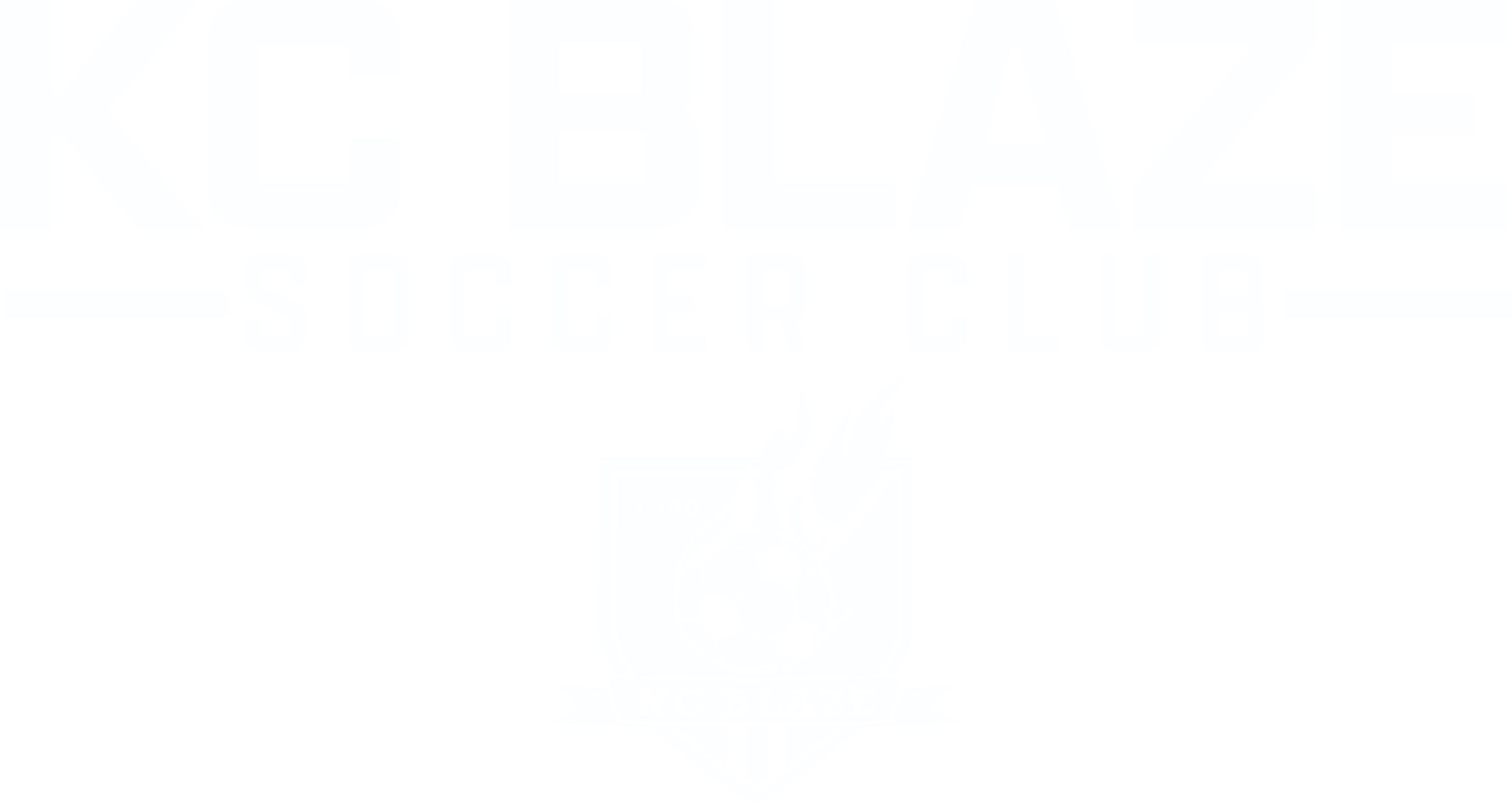 A white logo for the KC Blaze Soccer Club, featuring the team name in bold text above a crest with a flaming soccer ball.