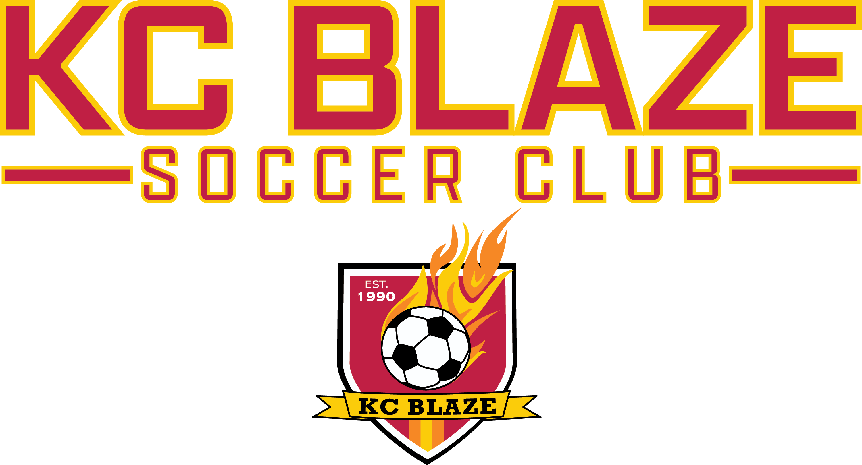 The logo for "KC BLAZE SOCCER CLUB" features the club's name in large maroon letters with yellow outlines. Below the text is a shield-shaped emblem containing a soccer ball trailing yellow and orange flames, the text "EST. 1990", and a yellow banner that reads "KC BLAZE".