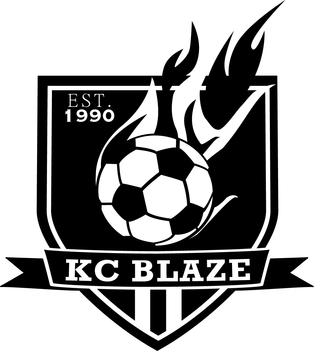 A black and white soccer crest for the KC Blaze soccer team, established in 1990. A flaming soccer ball is centered in a shield, with the team name on a banner across the middle and vertical stripes at the base.