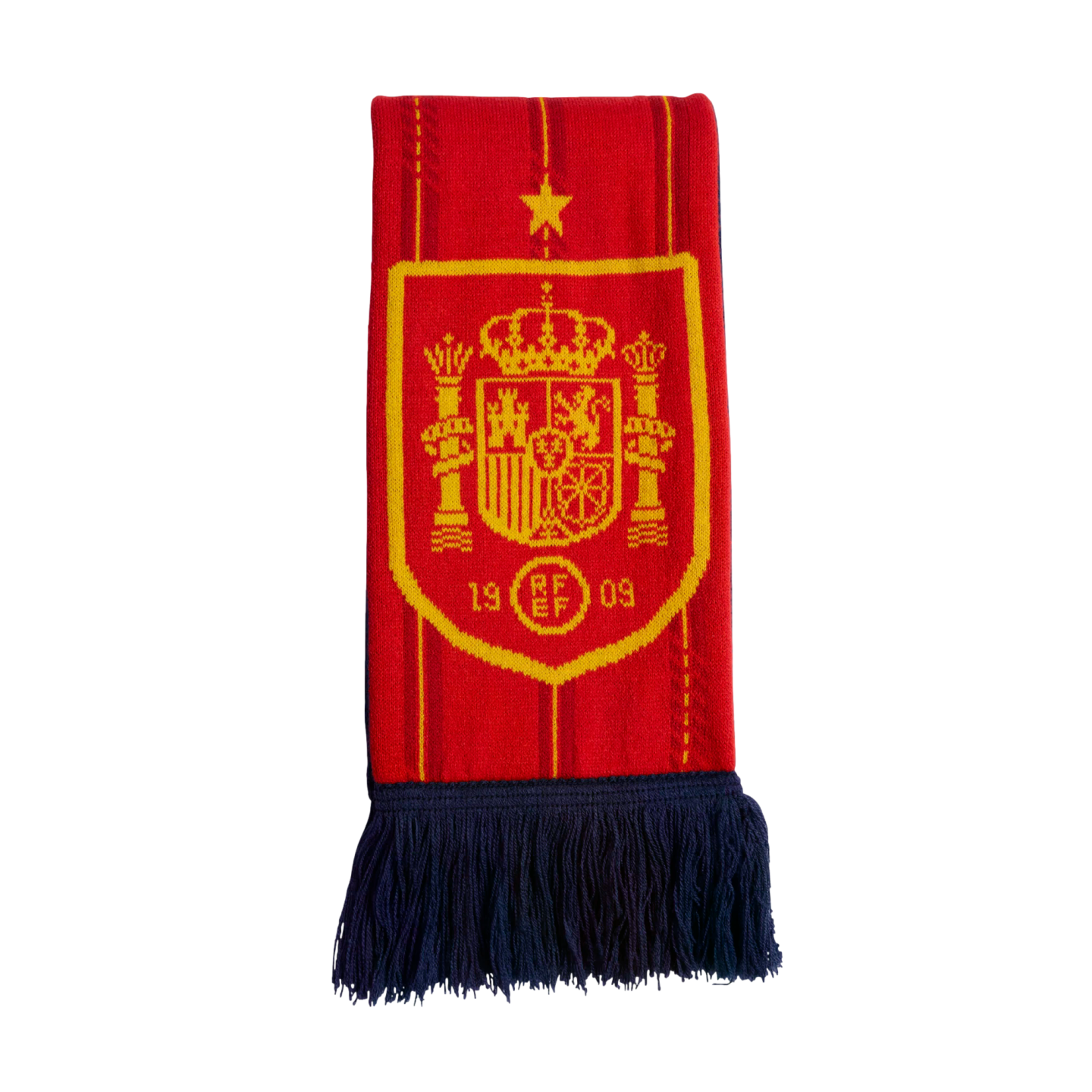 Red scarf featuring the yellow Spanish national football team crest with a gold star above and dark blue fringe at the bottom. Includes the year 1909.