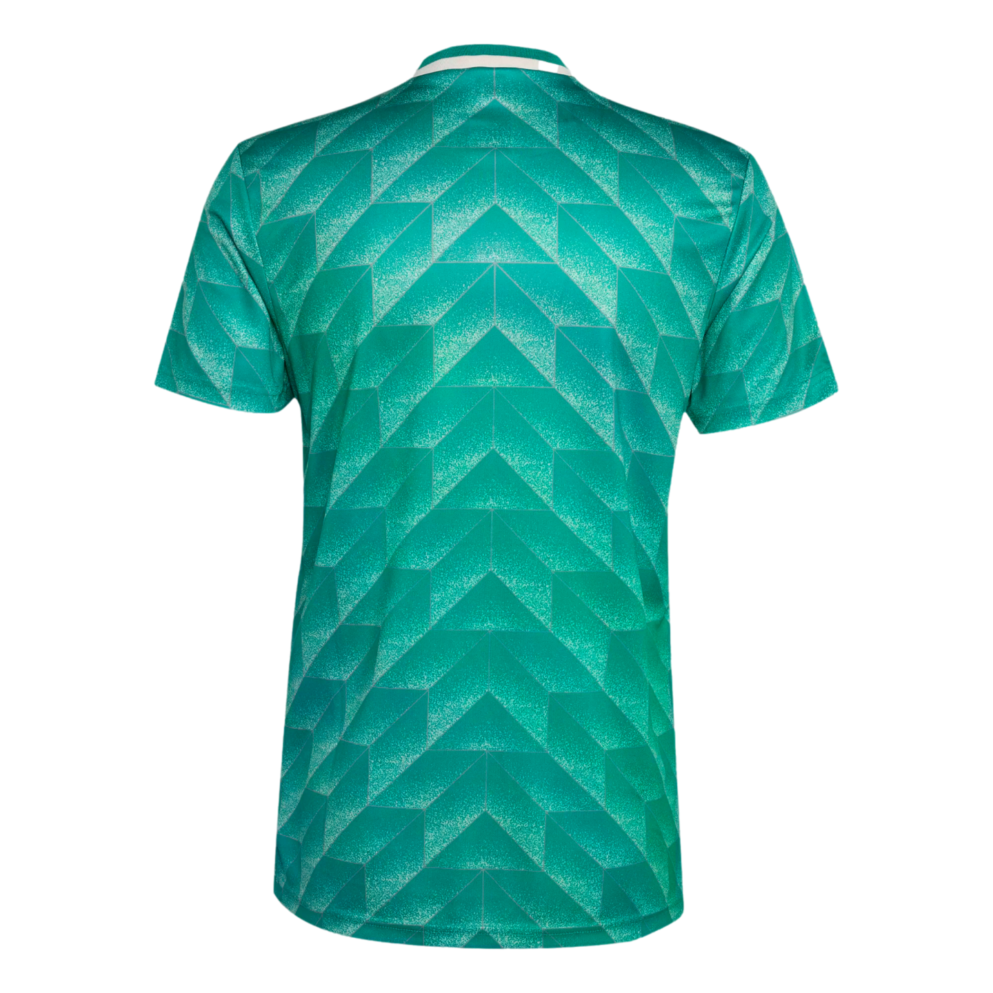 Back of a green short-sleeved jersey with a geometric pattern of faceted triangles in various shades of green and white collar trim.