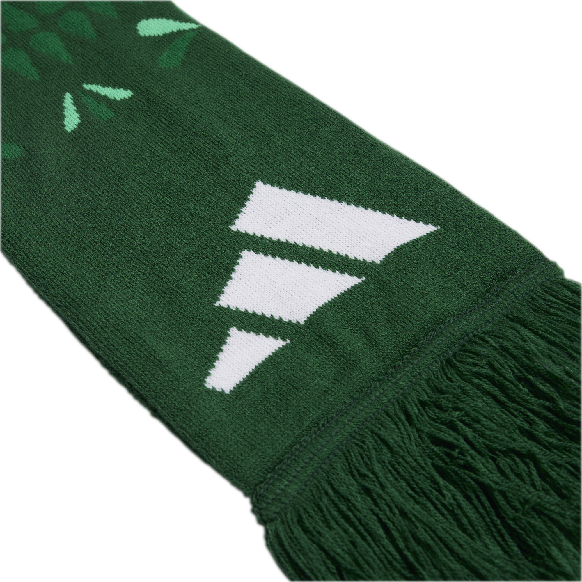 A green knitted Adidas scarf with a white logo and fringed edges.