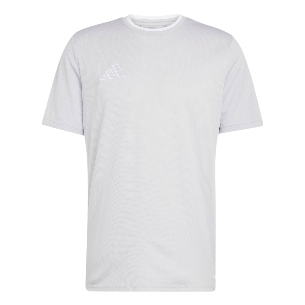Light grey short-sleeved performance t-shirt featuring a white crew neck and a white outlined Adidas logo on the upper left chest.