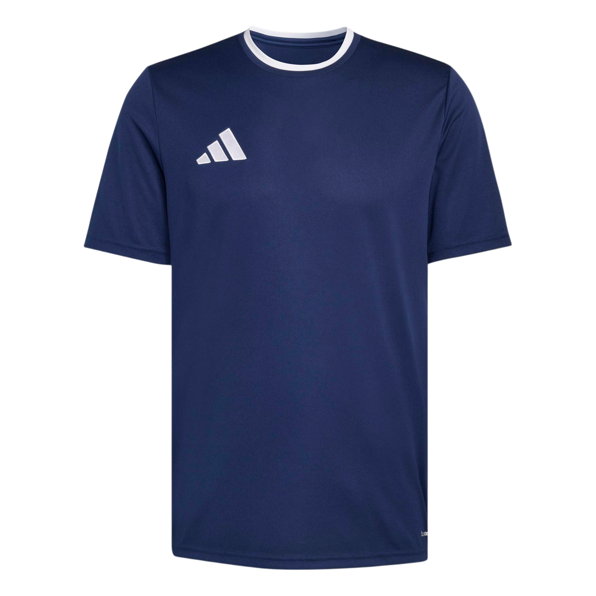 A navy blue Adidas short-sleeved jersey with a white crew neck and a white Adidas logo on the chest.