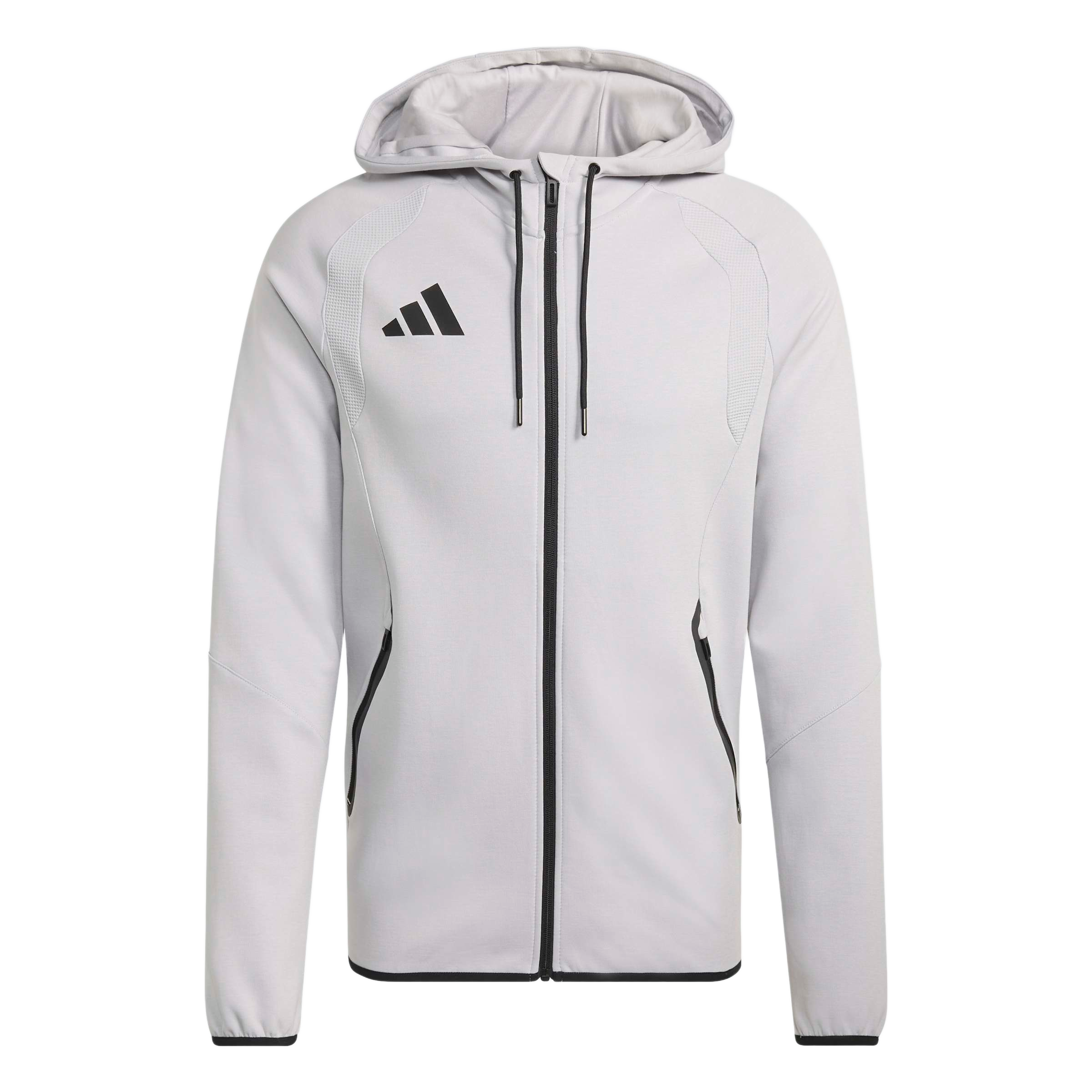 A light grey Adidas zip-up hoodie featuring black accents on the front zipper, zippered side pockets, drawstrings, and chest logo.