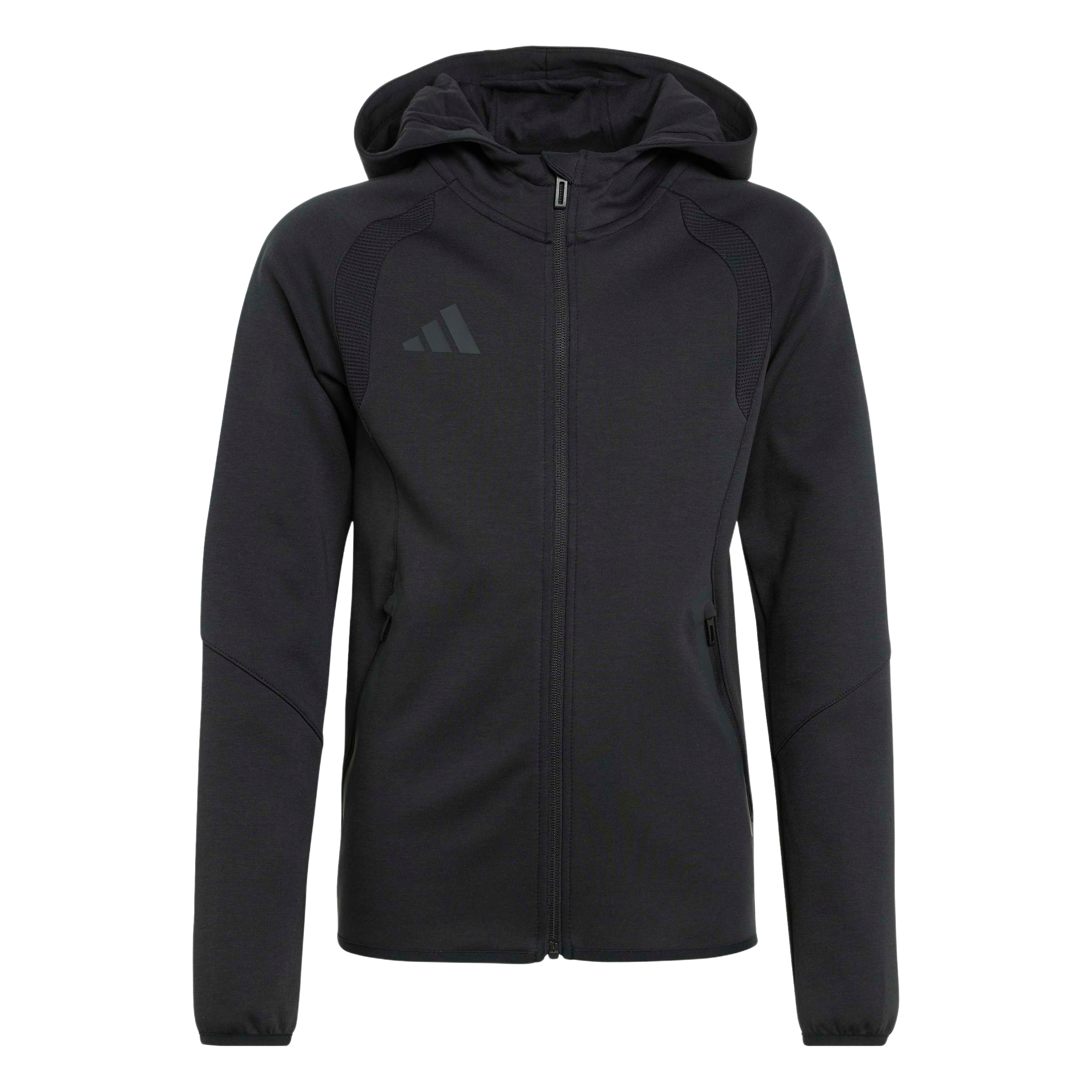 A black Adidas zip-up hoodie with textured shoulder panels, a tonal logo on the chest, and zippered side pockets.