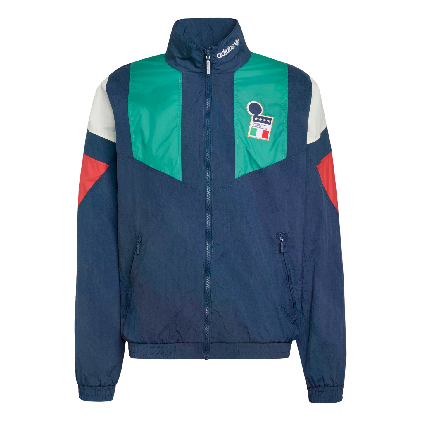 A navy blue Adidas track jacket featuring green chest panels, white and red sleeve accents, and an Italy national football team badge.