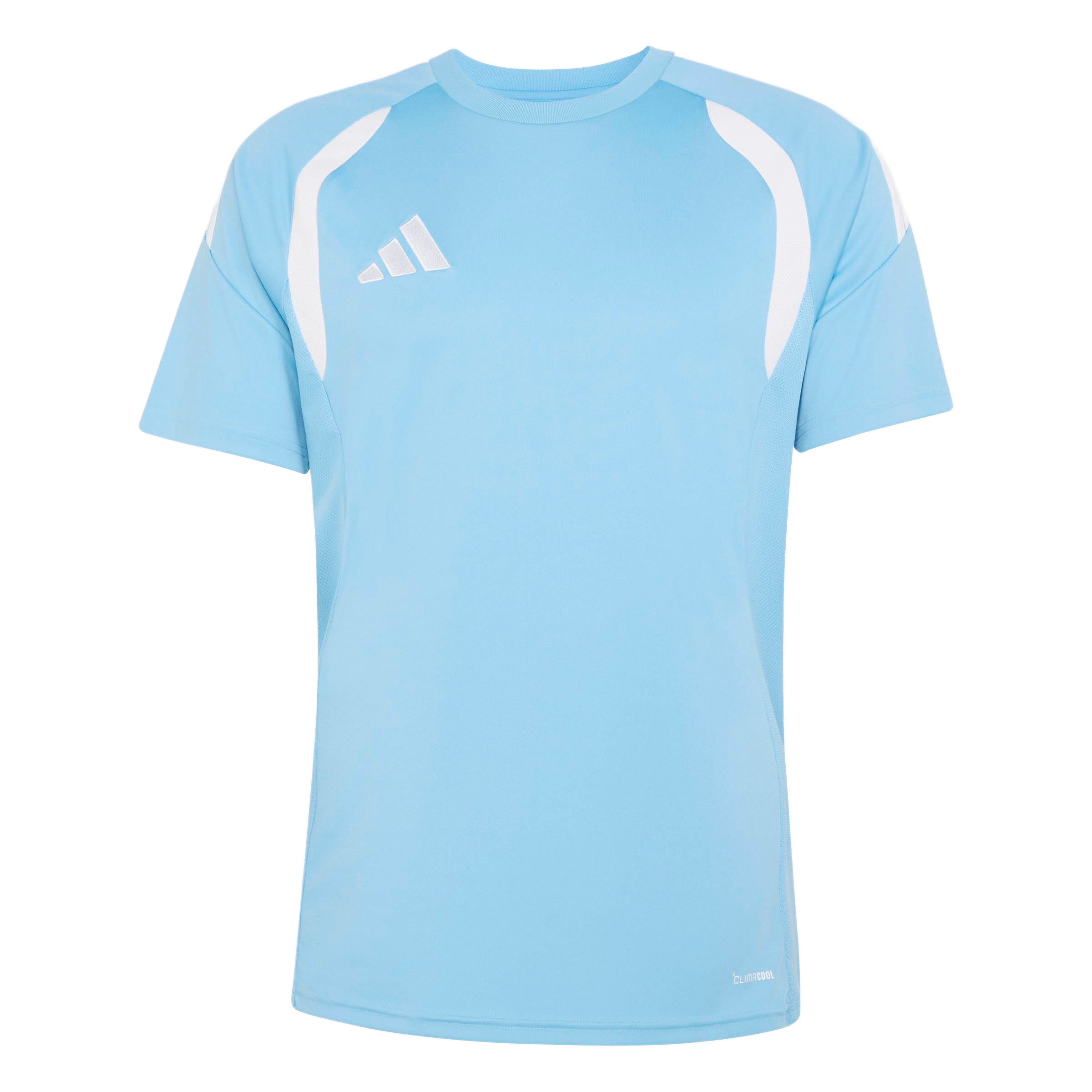 Light blue Adidas short-sleeved athletic t-shirt with white shoulder panels and logo on the chest.