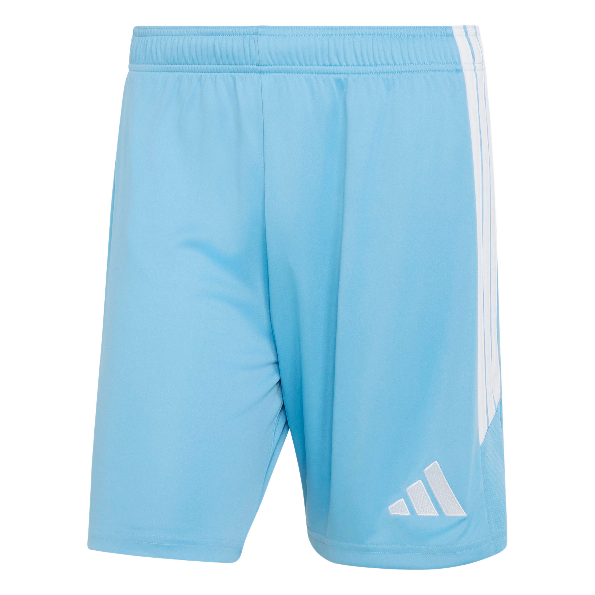 Light blue athletic shorts with an elastic waistband, a white Adidas logo on the left leg, and three white vertical stripes on the right side.
