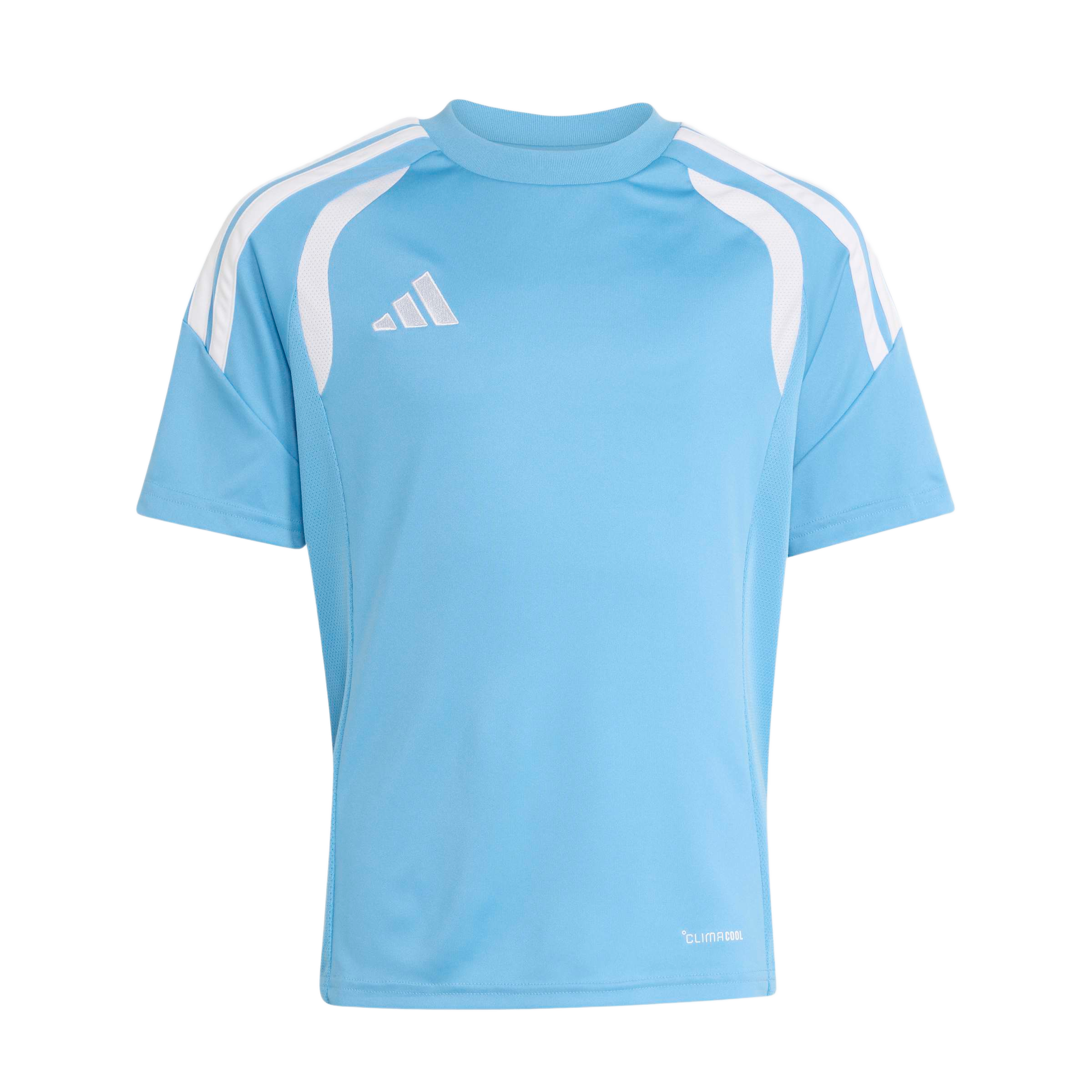 Light blue Adidas short-sleeve sports jersey featuring white shoulder stripes, mesh side panels, and a white Adidas logo on the chest.