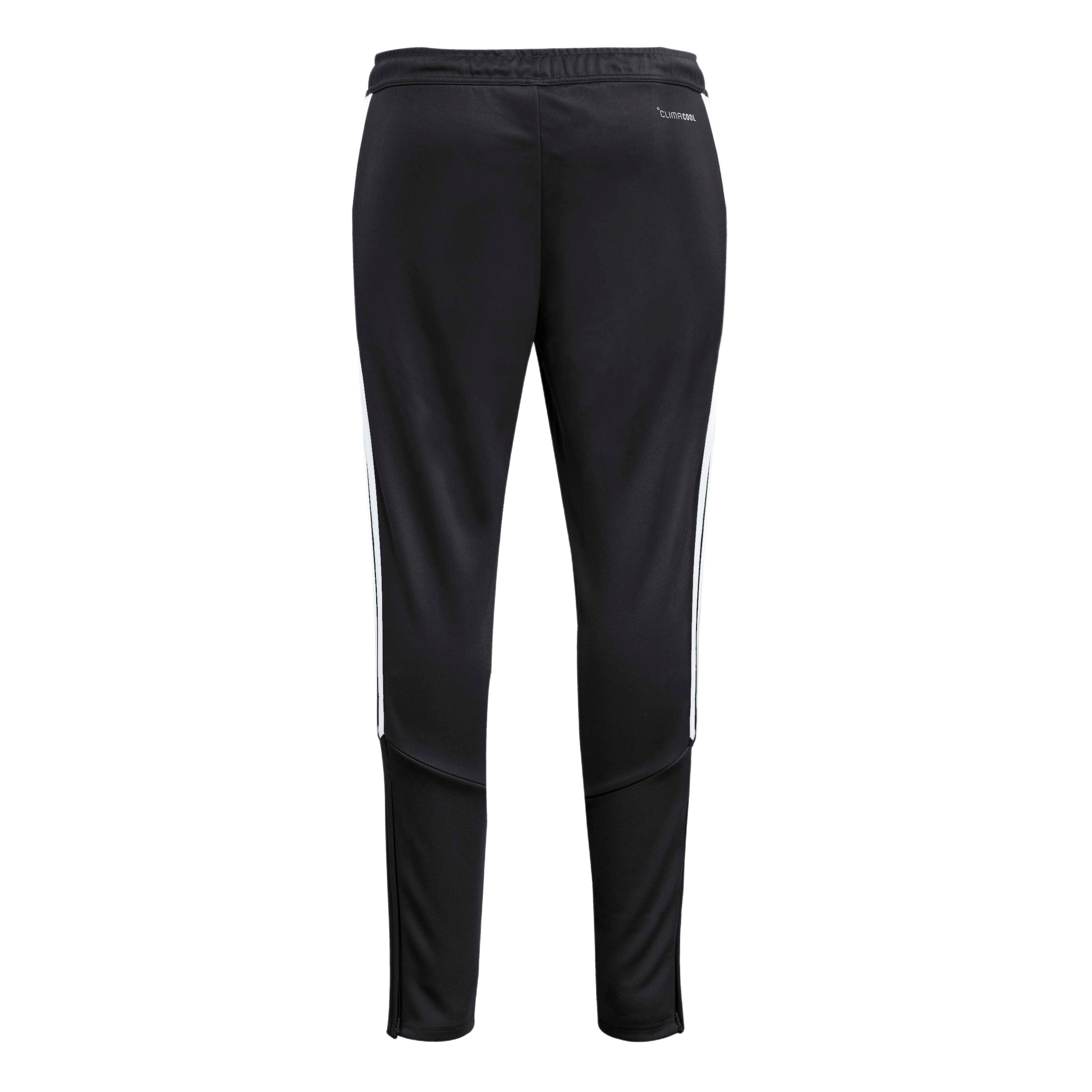 Back view of black tapered track pants featuring three white stripes along the sides, a "CLIMACOOL" logo on the hip, and textured lower leg panels.
