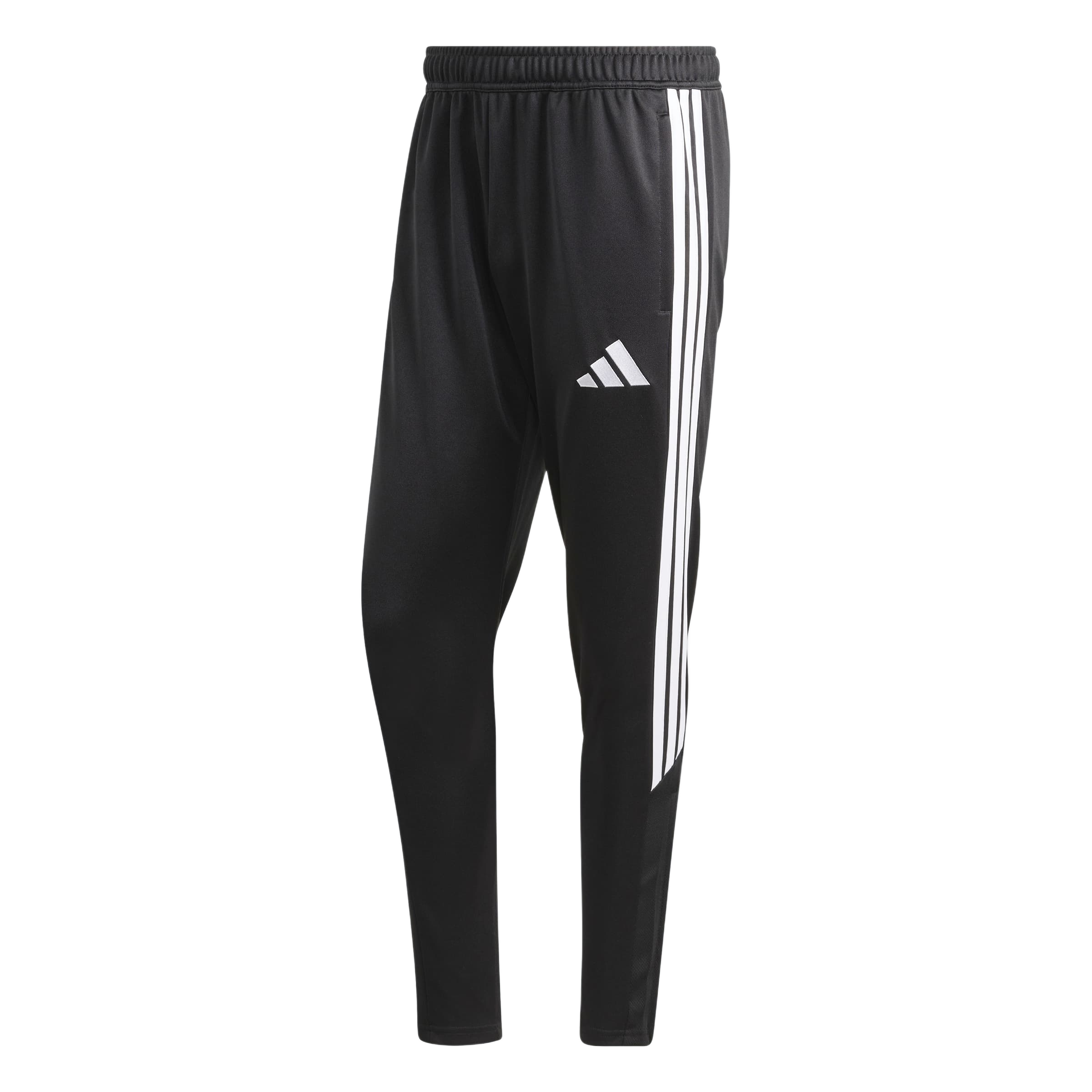 Black Adidas athletic pants featuring three white stripes down the side and a white logo on the left thigh.