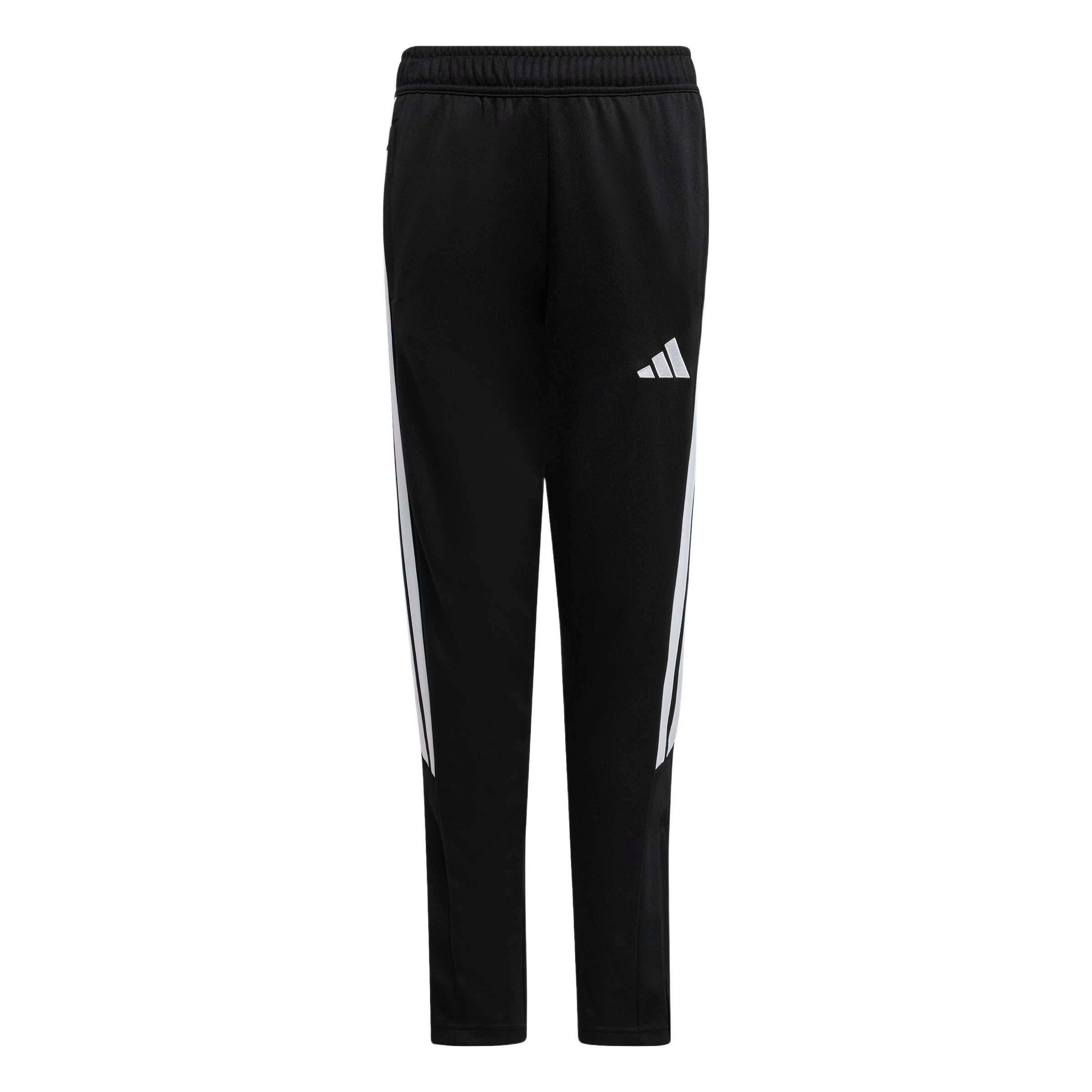 Black Adidas track pants with white stripes down the sides and a white logo on the left thigh.