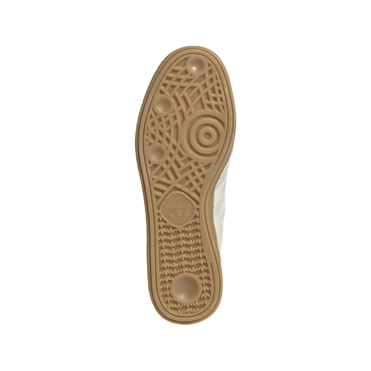Underside of a tan rubber Adidas sneaker sole. The gum outsole features a complex geometric tread pattern with the Adidas trefoil logo, presented against a plain white background.