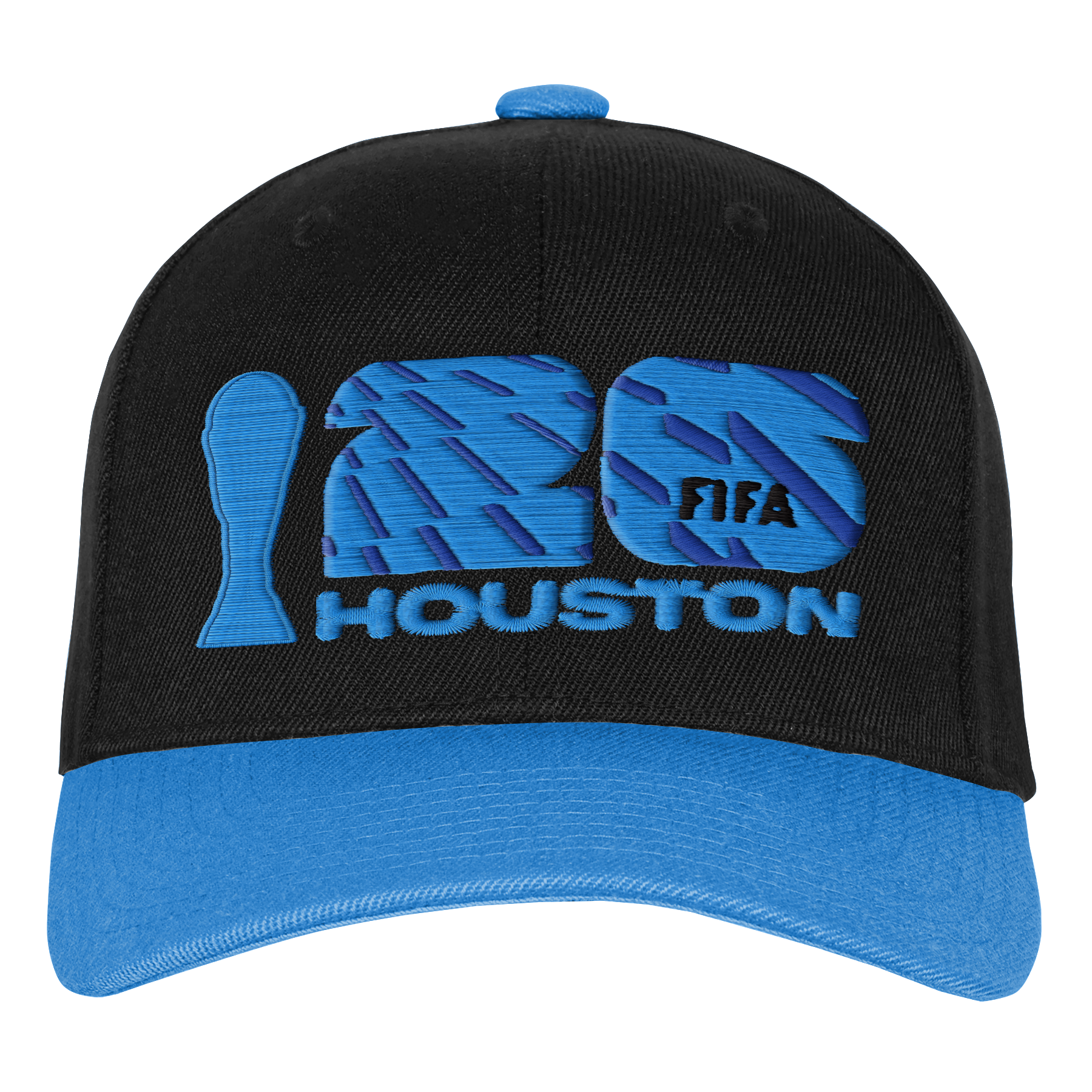 A black and blue baseball cap featuring embroidered FIFA World Cup 2026 Houston branding on the front. The cap has a black crown and a bright blue brim. The embroidery includes a blue silhouette of the World Cup trophy, large blue-and-dark-blue striped numerals '26' with 'FIFA' in black, and the word 'HOUSTON' in blue underneath.