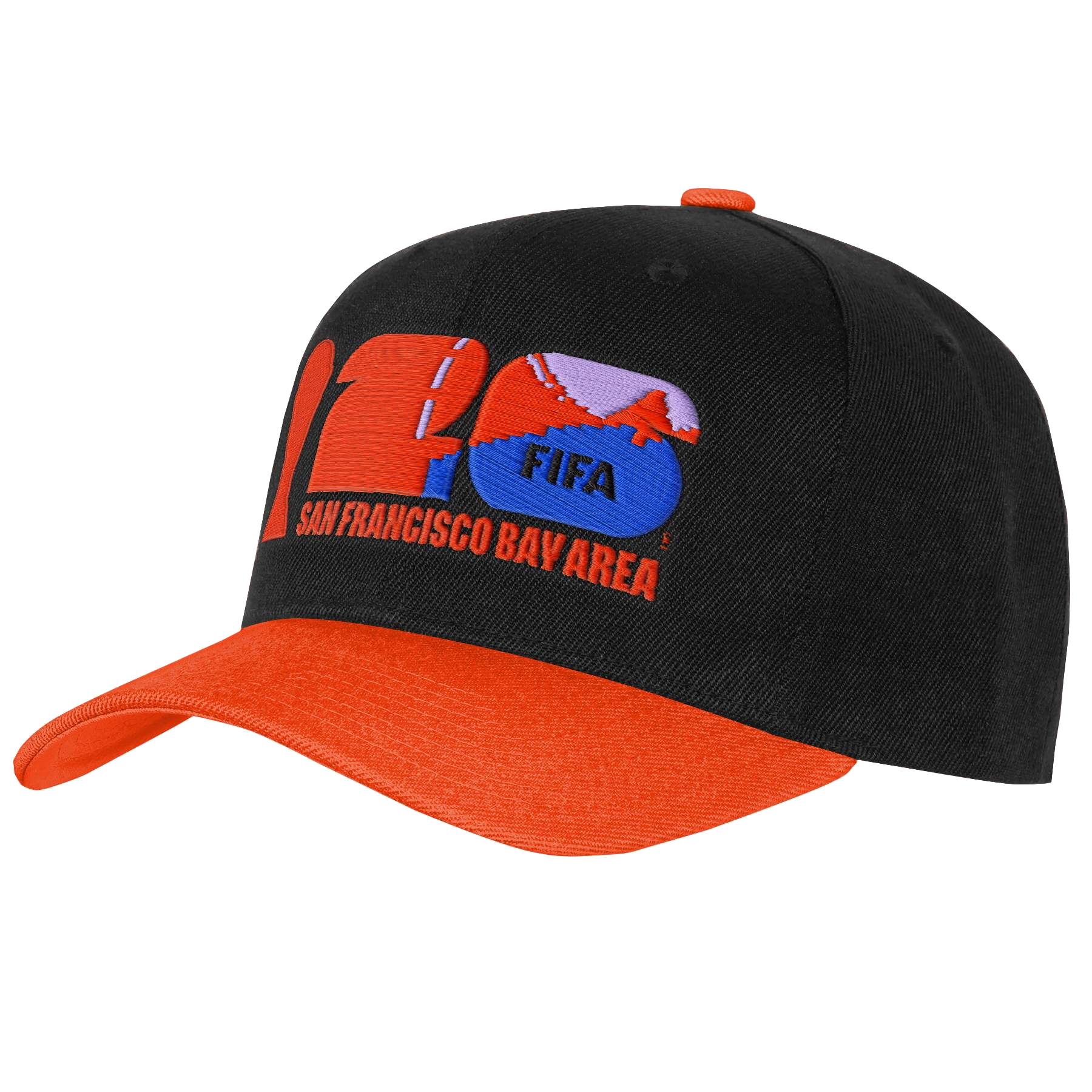 A side profile of a black baseball cap with an orange brim and top button. The front features a large, embroidered number "26" in orange and blue. The number "6" contains the word "FIFA," and the words "SAN FRANCISCO BAY AREA" are embroidered in orange block letters underneath. The image is set against a black background.