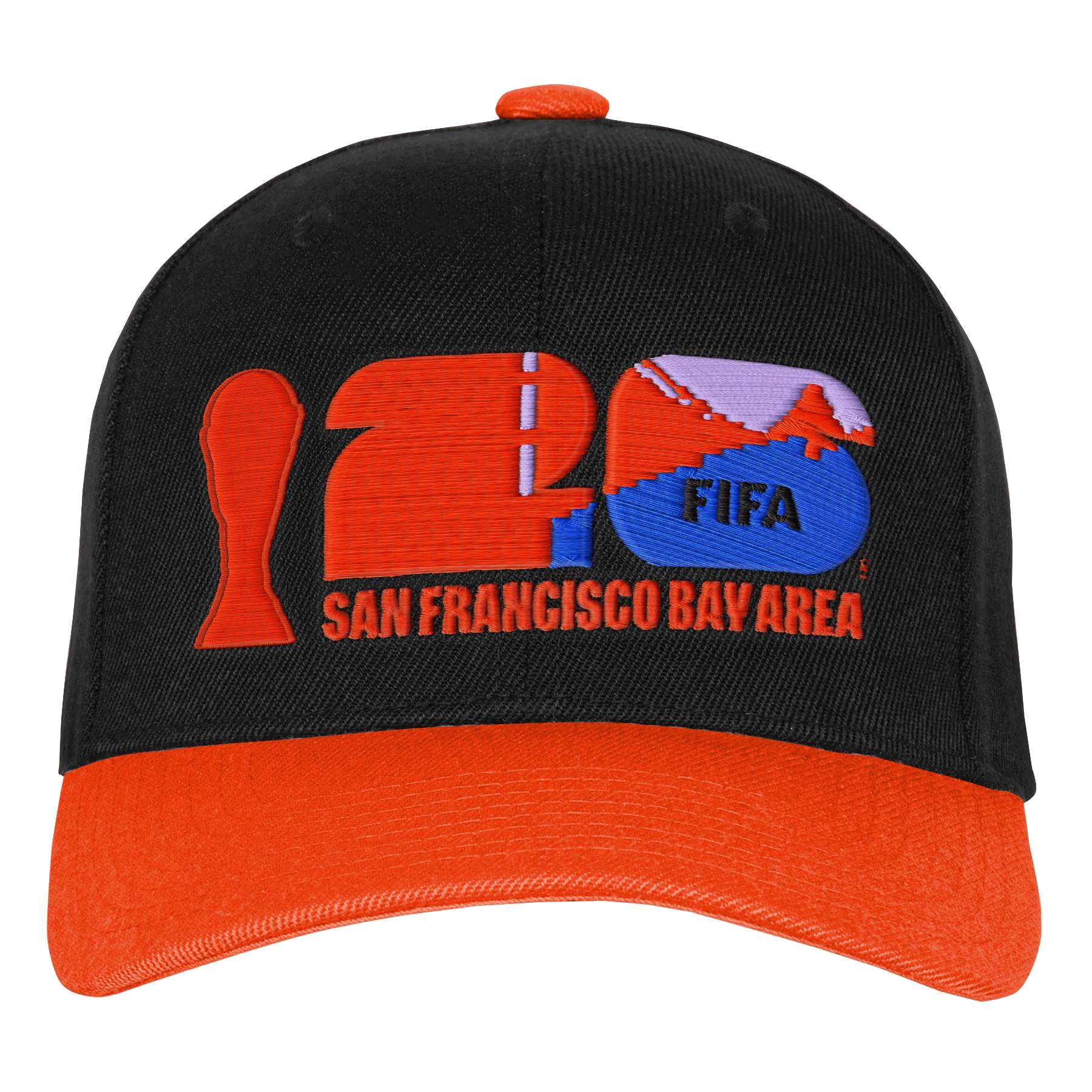A black baseball cap with an orange brim and top button features embroidered graphics for the FIFA World Cup 2026. On the front, a stylized orange World Cup trophy stands to the left of a large "26." The "2" is solid orange, while the "6" contains a purple sky, an orange silhouette of the Golden Gate Bridge, and a blue base with the word "FIFA" in black. Below the numbers, the words "SAN FRANCISCO BAY AREA" are embroidered in orange.