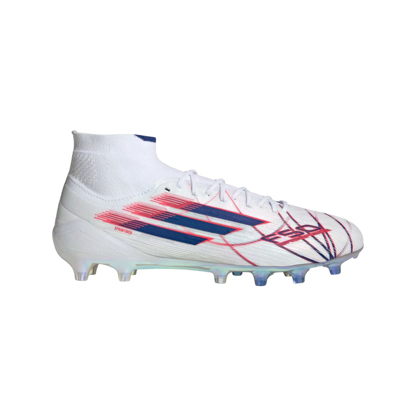White Adidas high-cut football cleat with blue stripes and red graphic patterns on a black background.