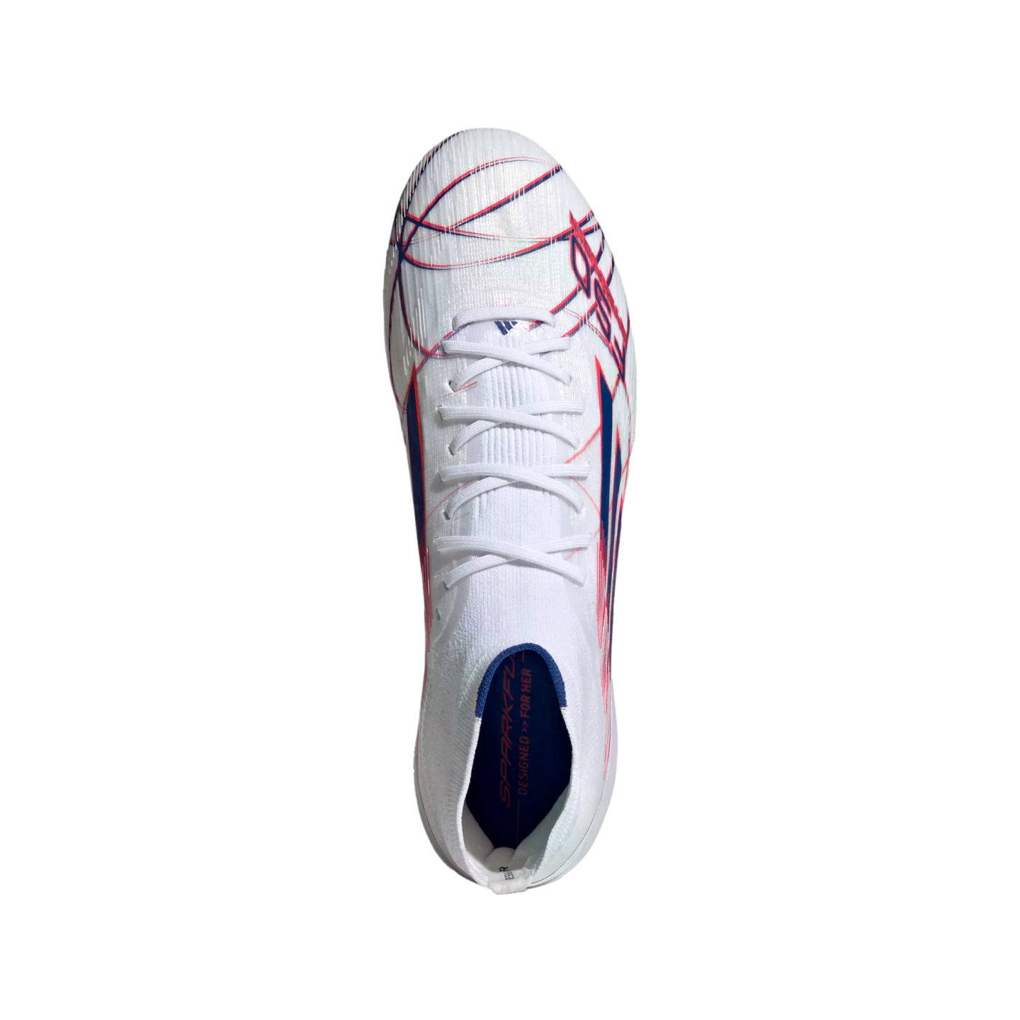 Top-down view of a white Adidas soccer cleat with red and blue graphic lines and white laces on a black background. The insole reads "DESIGNED FOR HER."