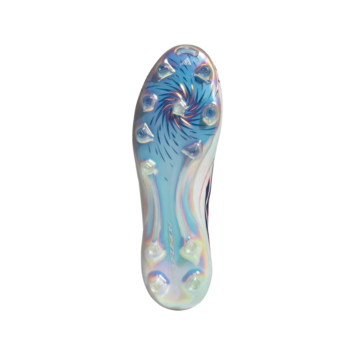The iridescent blue soleplate of an Adidas soccer cleat featuring a central spiral pattern and clear studs, isolated against a black background.