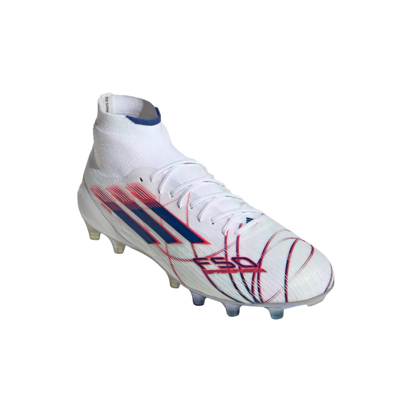 White soccer cleat with a high-top ankle sock, featuring blue and red graphic accents and "F50" branding on the side, against a black background.