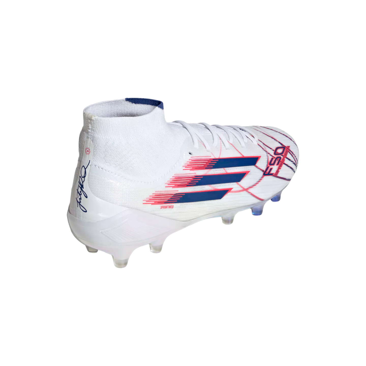A white high-top Adidas F50 soccer cleat with blue stripes and pink accents, featuring a signature on the heel, shown against a black background.