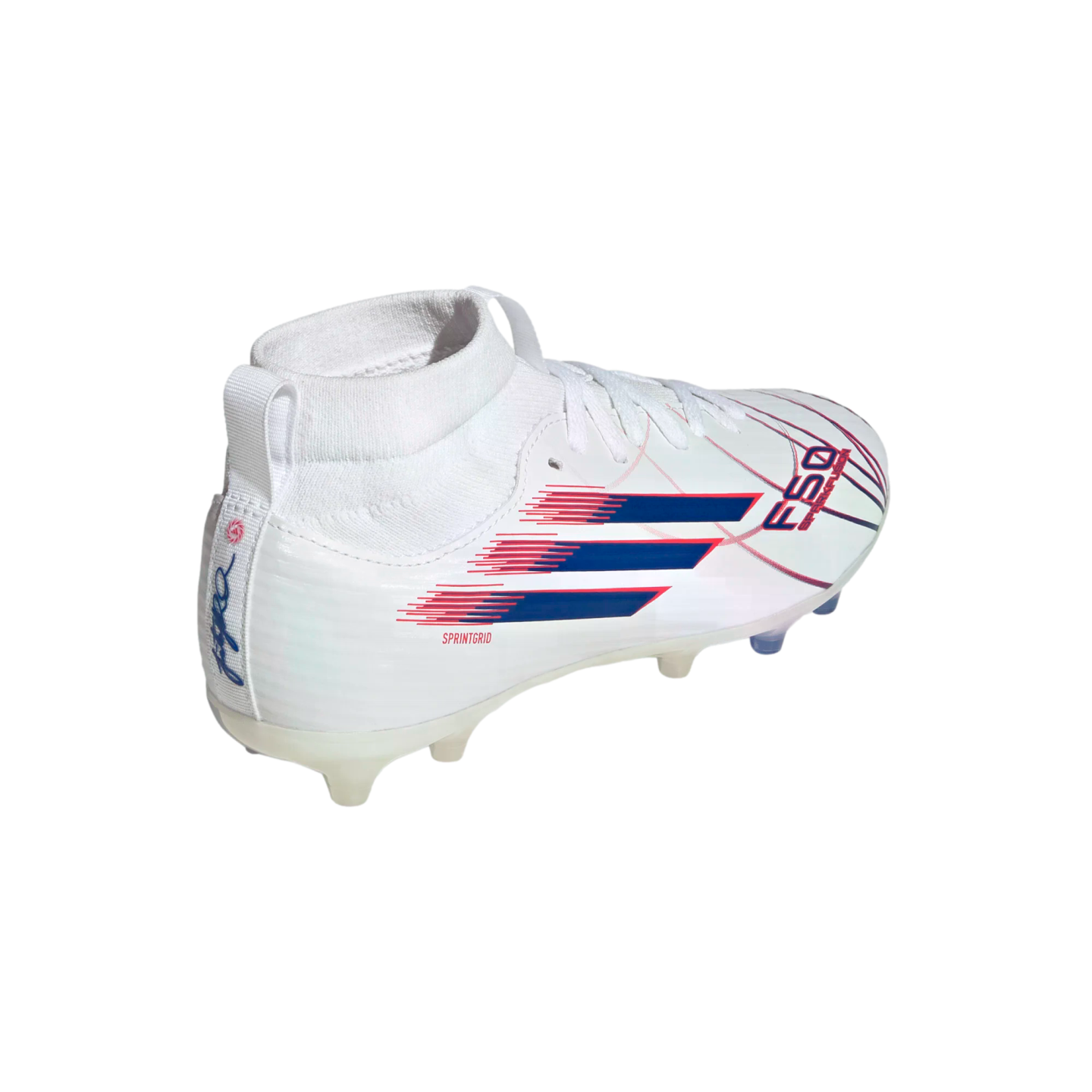 A white Adidas F50 soccer cleat with blue and pink stripes on the side, a high-top sock collar, and white studs, isolated on a black background.