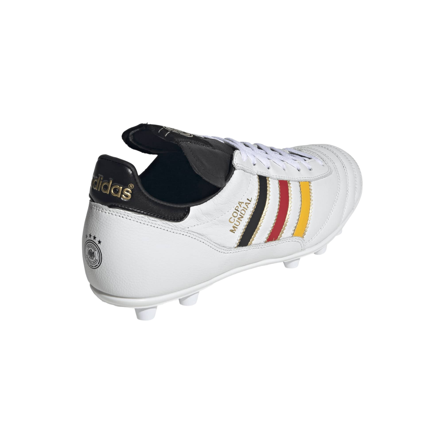 White Adidas Copa Mundial soccer cleat with black, red, and yellow stripes. Rear-quarter view on a black background shows the German national team crest on the heel.