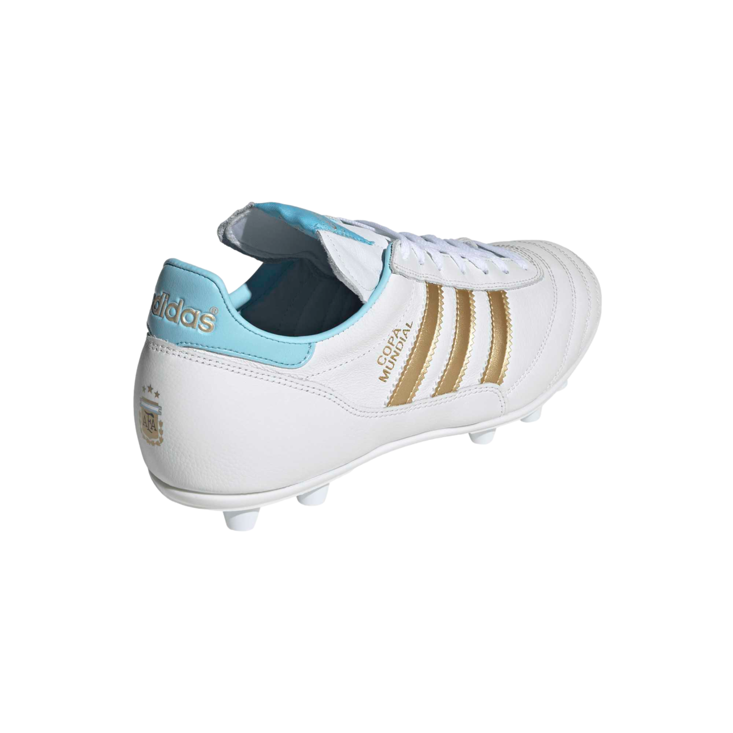 White Adidas Copa Mundial soccer cleat with gold stripes and light blue trim. Features the Argentina AFA crest on the heel. Set against a black background.