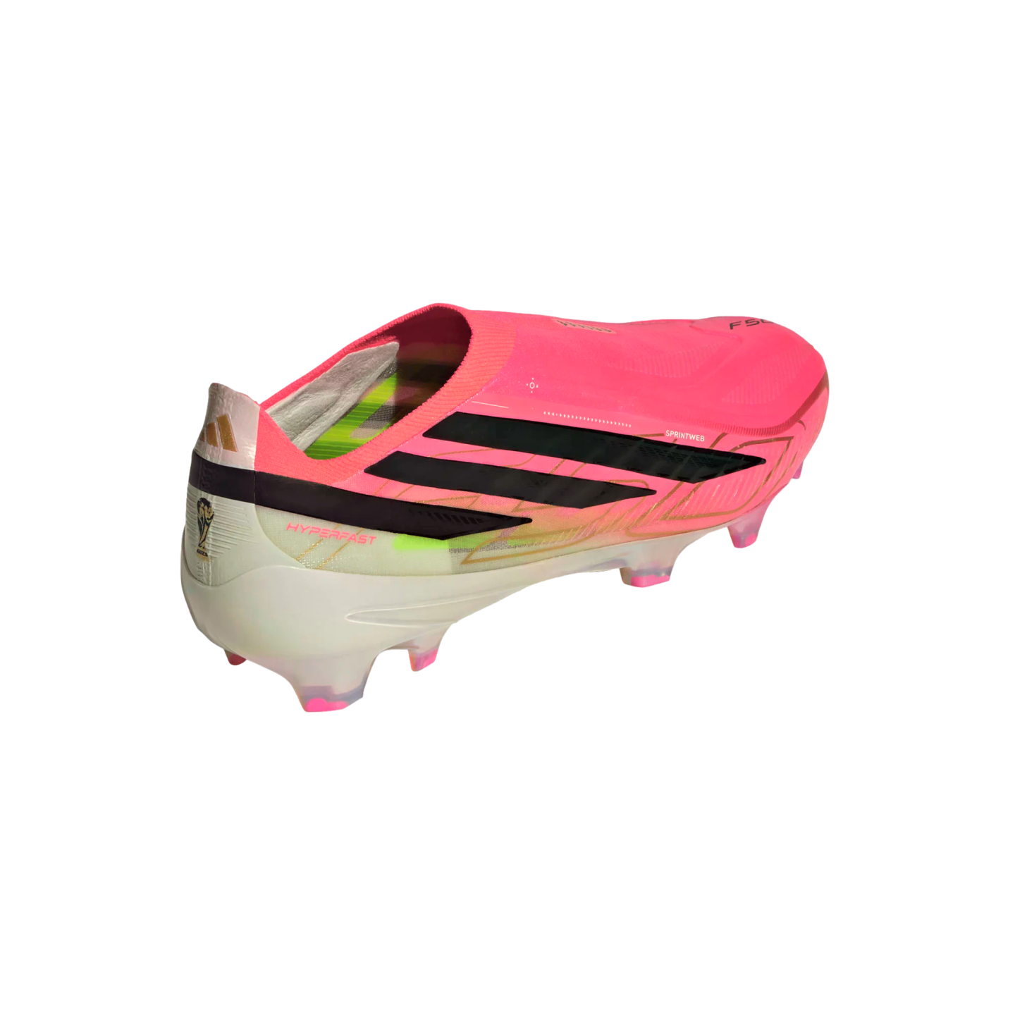 A pink and white Adidas soccer cleat with black stripes, viewed from a rear-side angle against a white background.