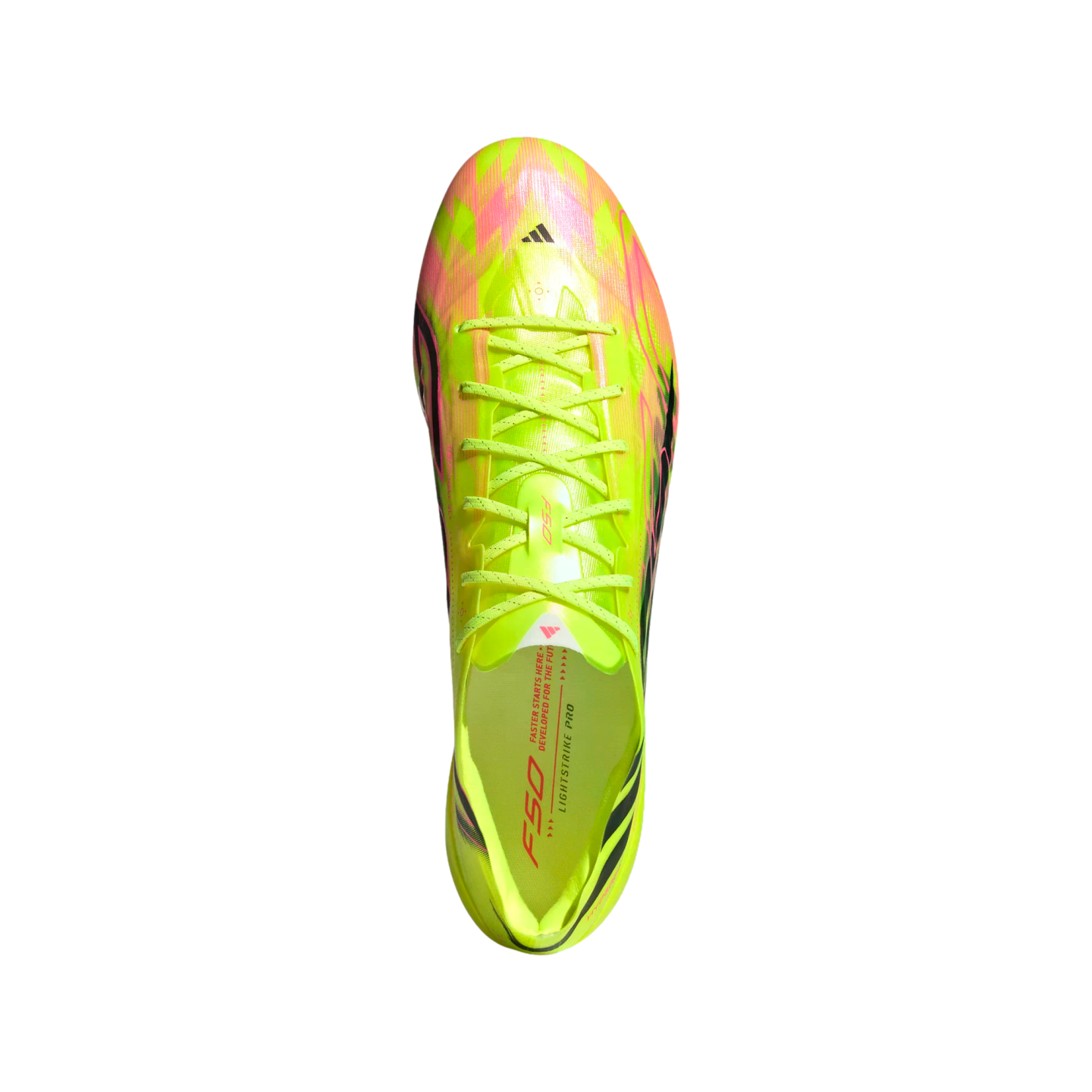 Top-down view of a neon yellow Adidas F50 soccer cleat with pink and black accents, yellow laces, and "LIGHTSTRIKE PRO" text on the insole.