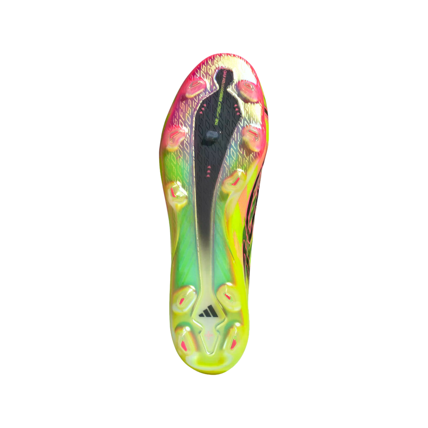 The vibrant underside of an Adidas soccer cleat, featuring a neon yellow, green, and pink gradient soleplate with black studs, isolated on a black background.