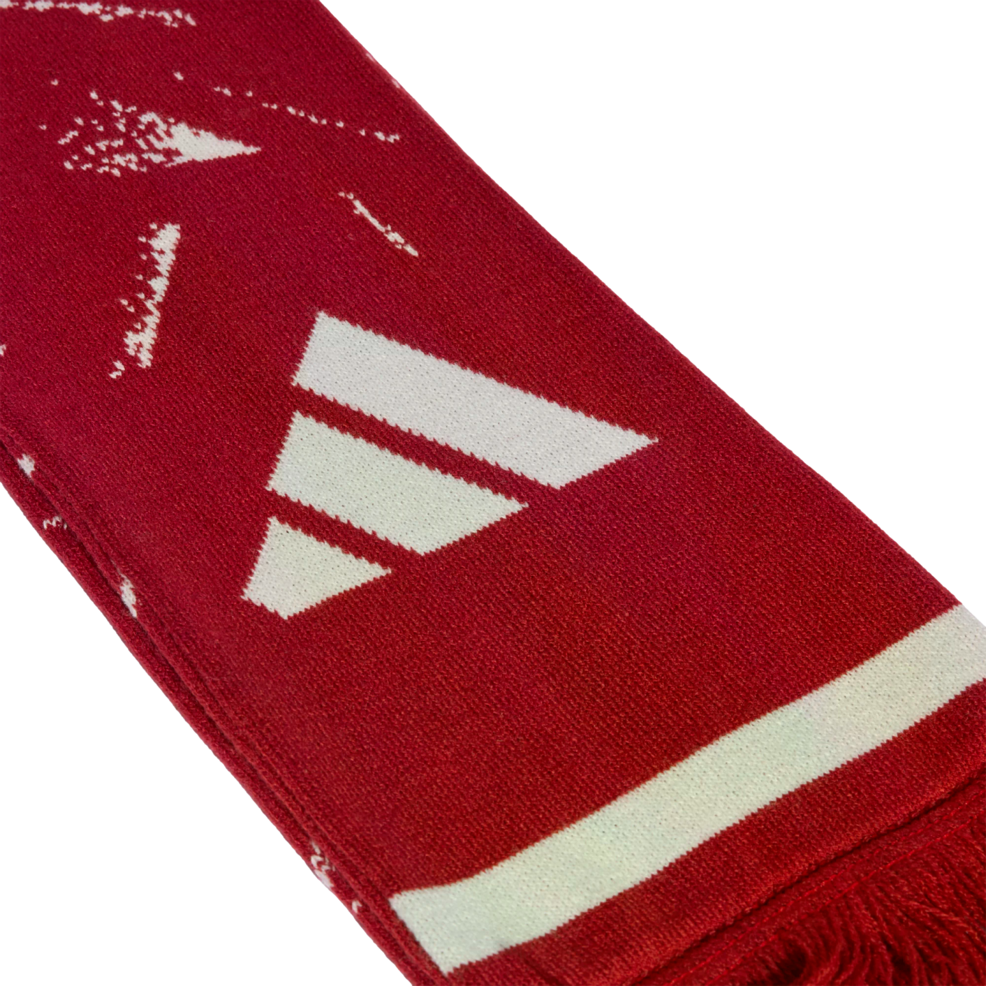 A red knitted scarf featuring a white Adidas logo, a white horizontal stripe, and red fringe at the end.