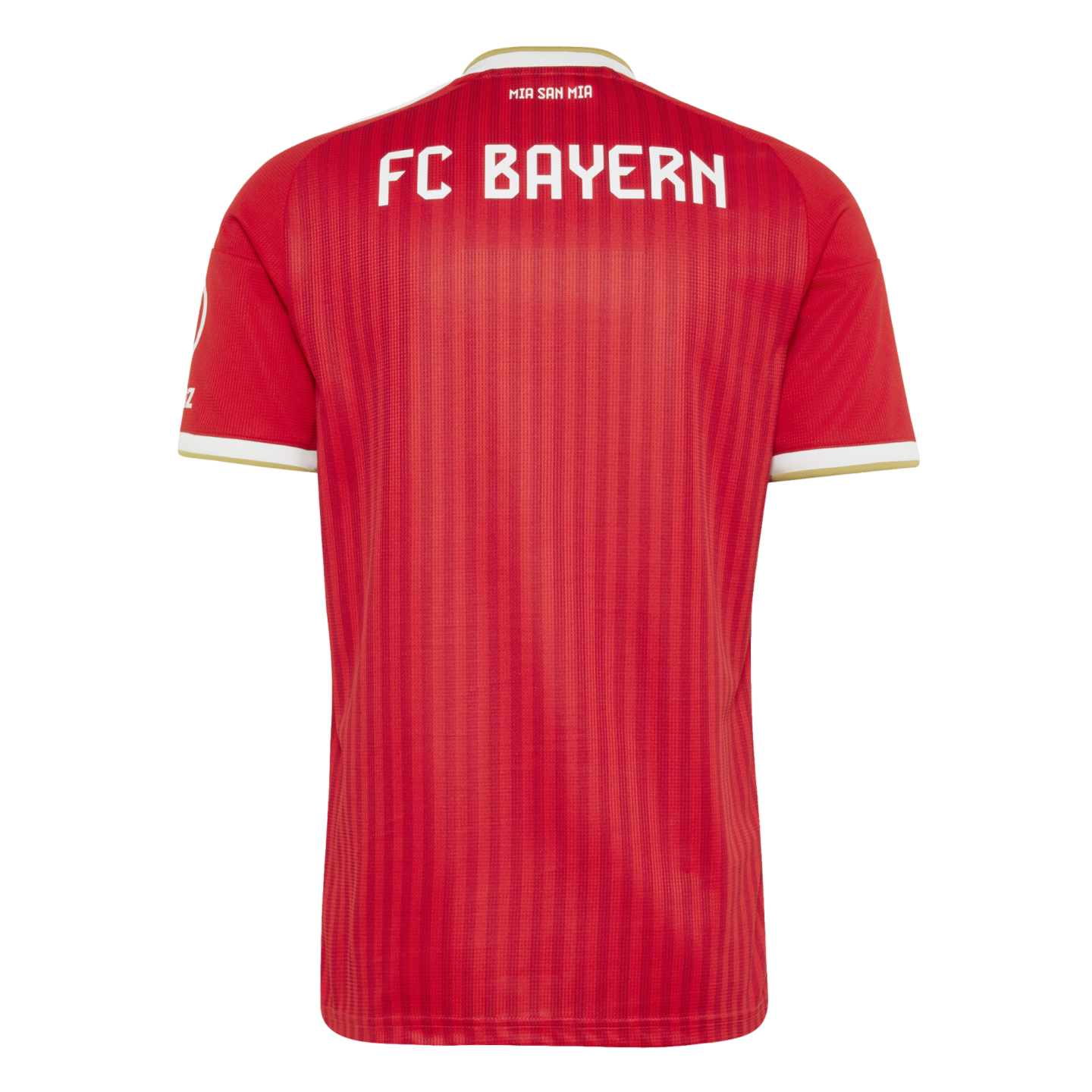 The back of a red FC Bayern soccer jersey with white lettering and gold-and-white trim on the collar and sleeves. Subtle vertical red stripes are visible on the fabric.