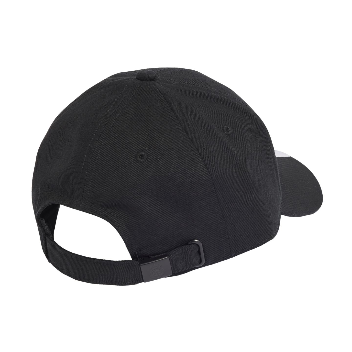Back and side view of a solid black baseball cap featuring an adjustable strap and buckle, isolated on a white background.
