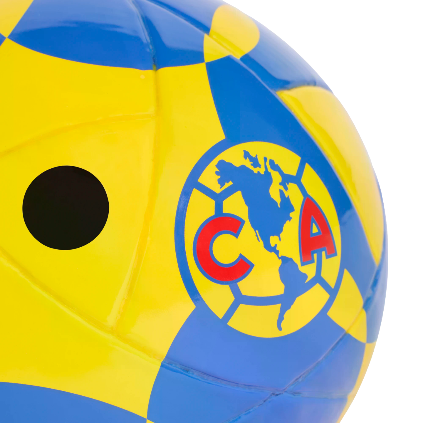 Close-up of a yellow and blue soccer ball featuring the Club América logo and an inflation valve hole.