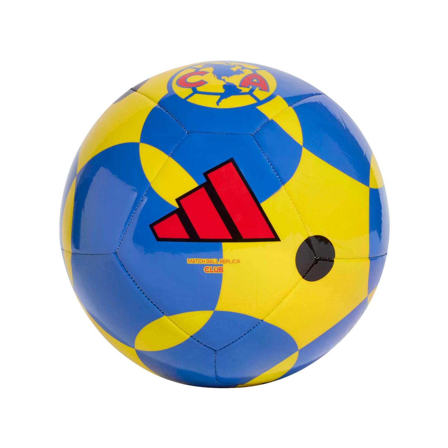 A yellow and blue patterned soccer ball featuring a red Adidas logo and the Club América crest.