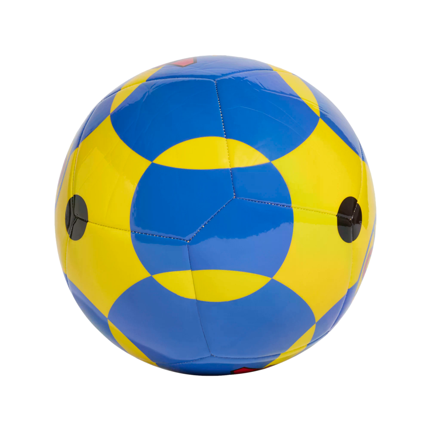 A shiny soccer ball with a blue and yellow interlocking circular pattern, isolated on a black background.