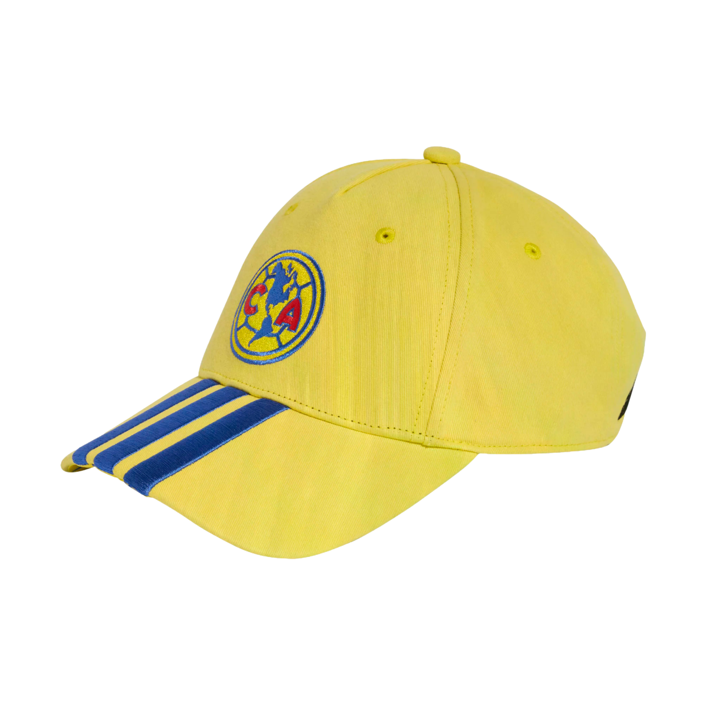 Yellow baseball cap featuring the Club América logo on the front and three blue stripes on the brim, set against a black background.