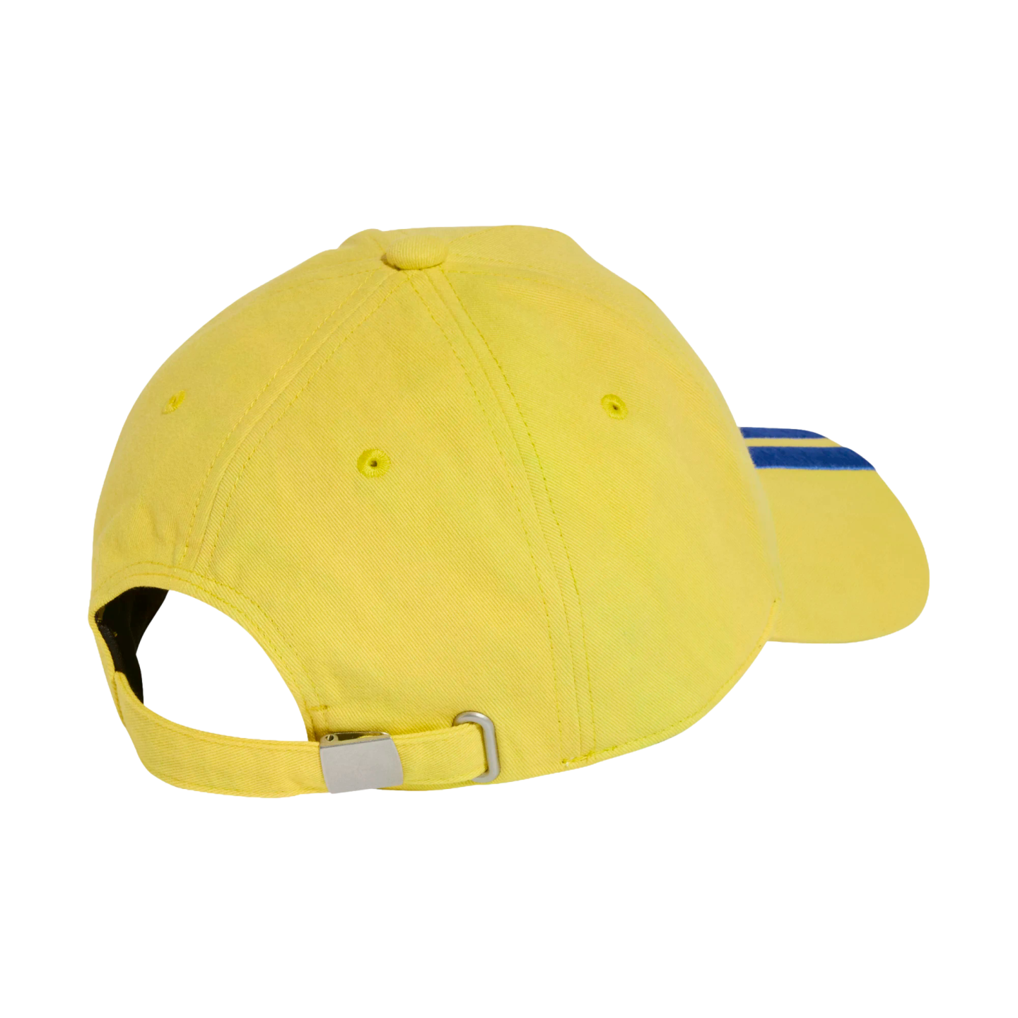 Rear side view of a bright yellow cotton baseball cap with an adjustable strap and silver buckle, showing blue stripes on the brim, set against a black background.