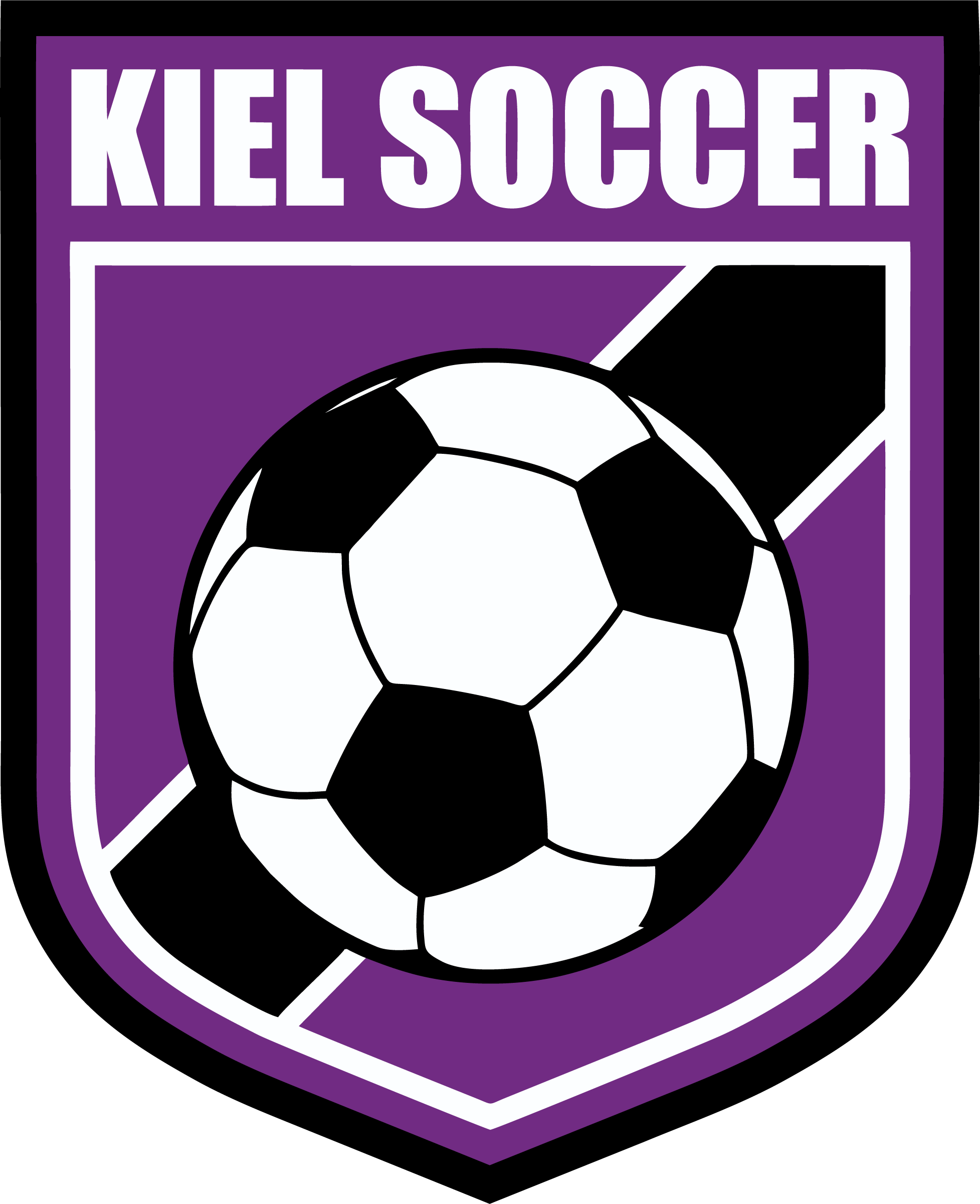 Purple shield-shaped logo with white "KIEL SOCCER" text above a soccer ball positioned on a diagonal black stripe.