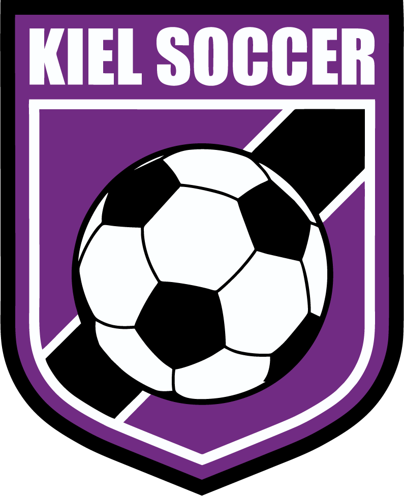 Purple shield logo for Kiel Soccer featuring a soccer ball over a diagonal black sash with white text at the top.
