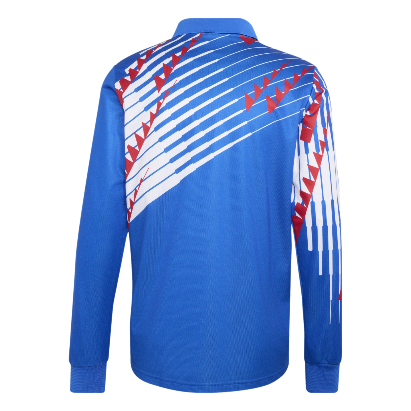 Back view of a blue long-sleeve polo shirt featuring a white diagonal stripe graphic with red geometric accents across the upper back and right sleeve.