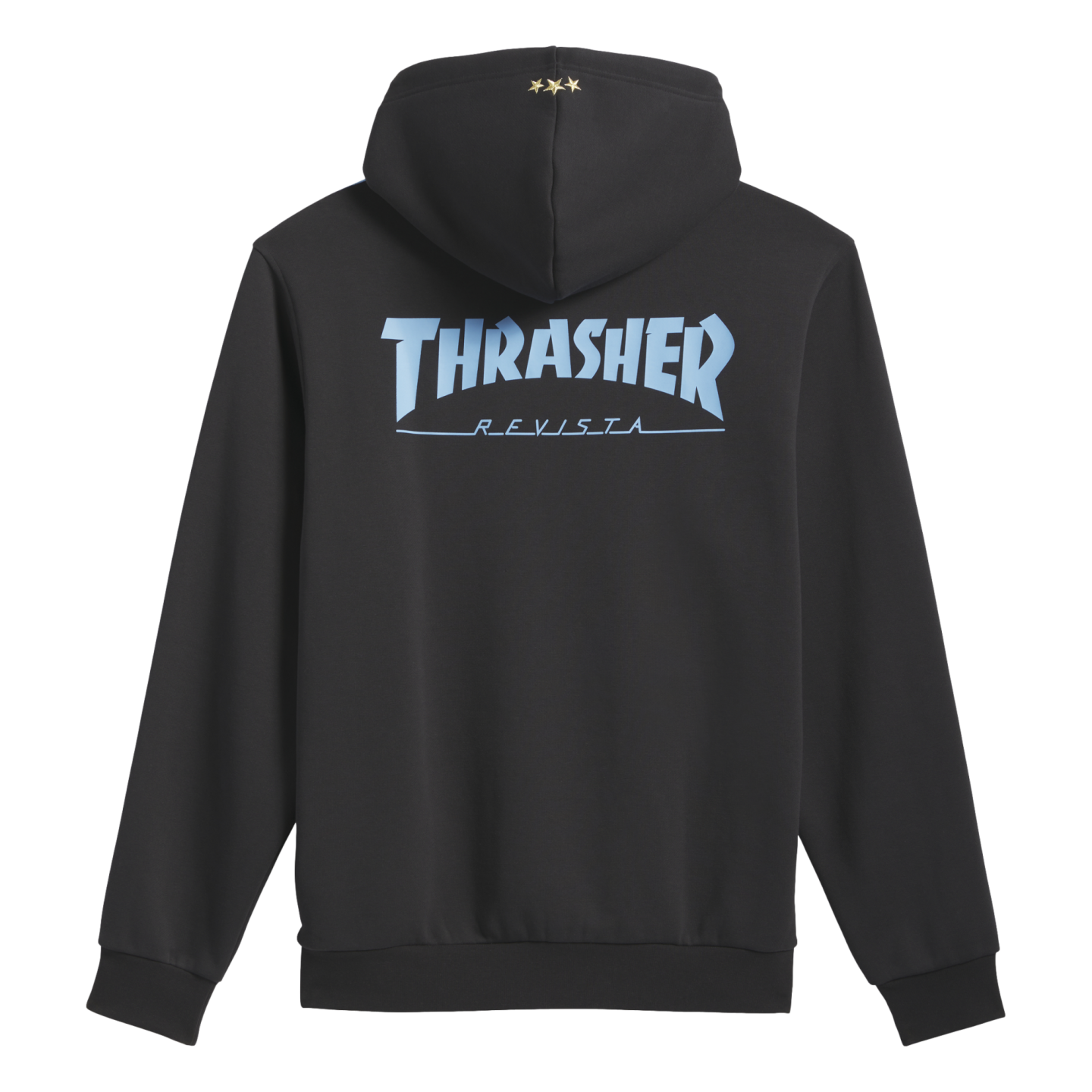 Rear view of a black hoodie with a light blue "Thrasher Revista" logo on the back and three small gold stars on the top of the hood.