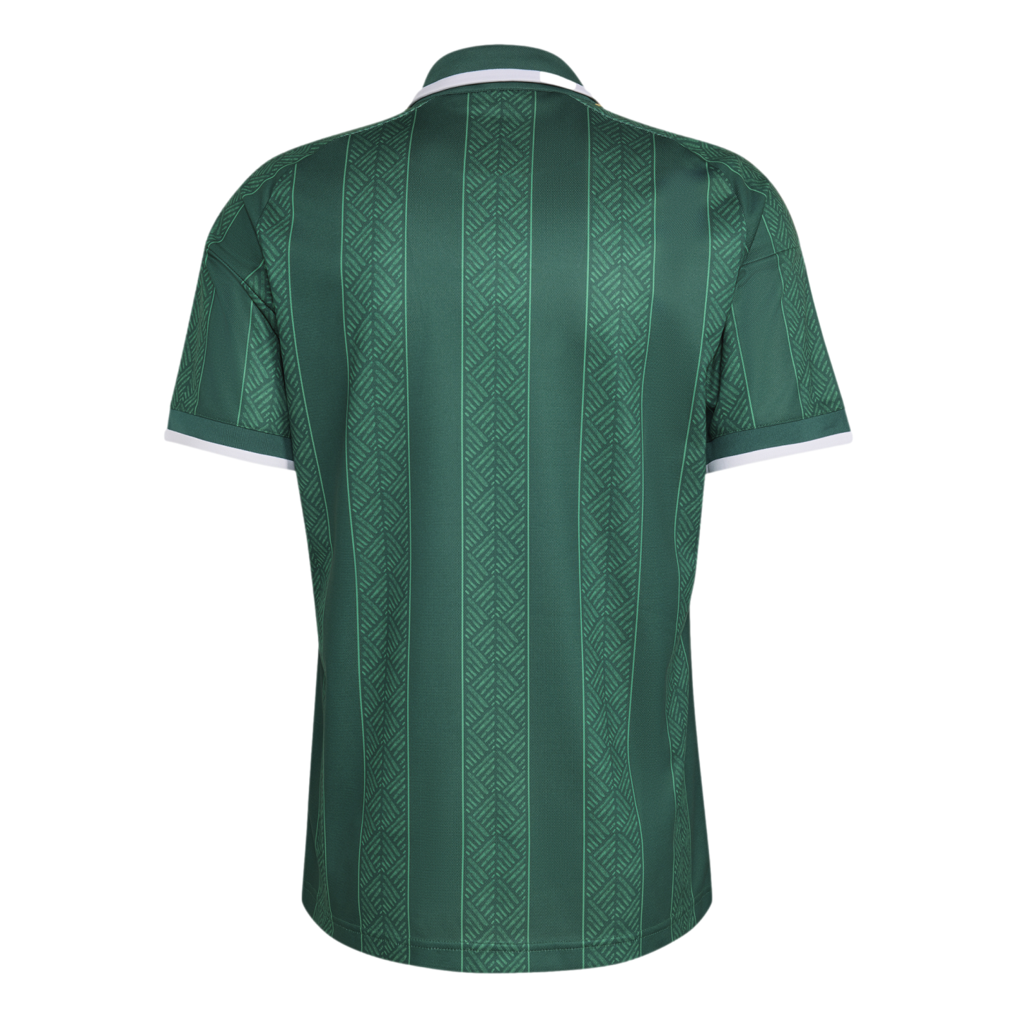 Back of a dark green short-sleeved jersey featuring vertical stripes with a textured chevron pattern and white trim on the collar and cuffs.