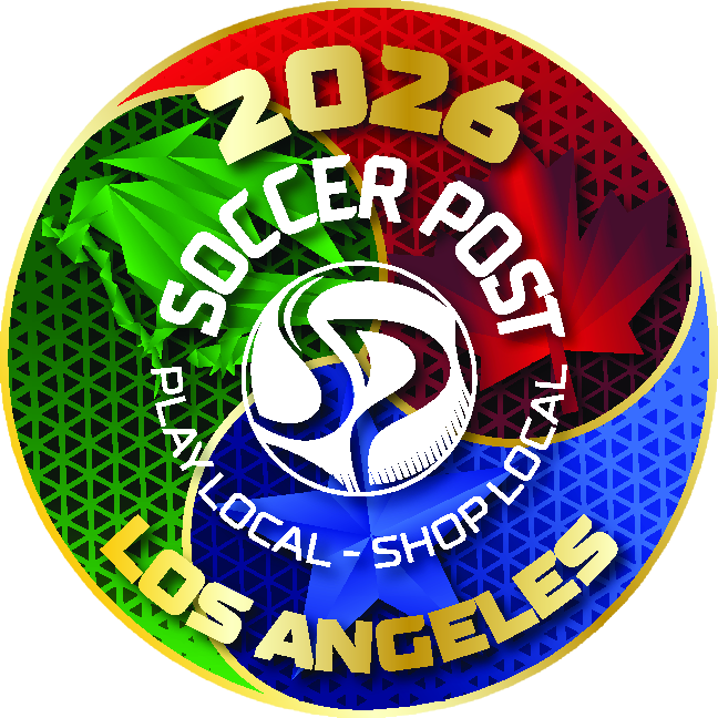 A circular logo for Soccer Post Los Angeles featuring "2026" at the top and symbols representing the host nations of the 2026 World Cup: a red maple leaf, a green stylized leaf, and a blue star. The logo is divided into red, green, and blue textured sections with a white central emblem and the words "SOCCER POST," "PLAY LOCAL - SHOP LOCAL," and "LOS ANGELES" arched throughout.