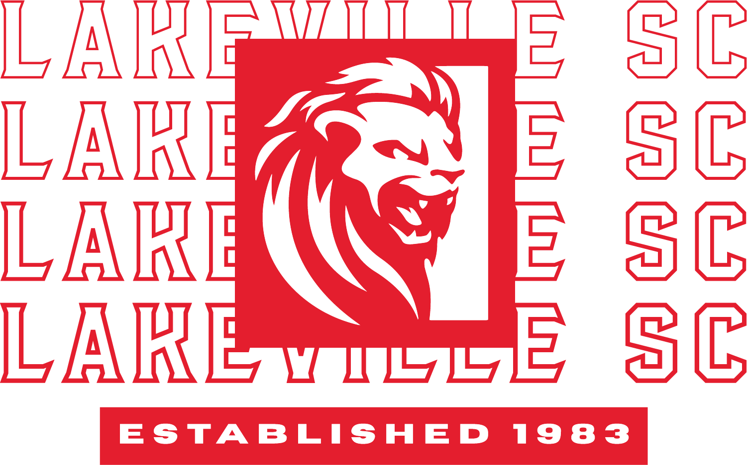 Red and white Lakeville SC logo featuring a lion head emblem, the club name in a repeated outlined font, and a banner reading "ESTABLISHED 1983" at the bottom.