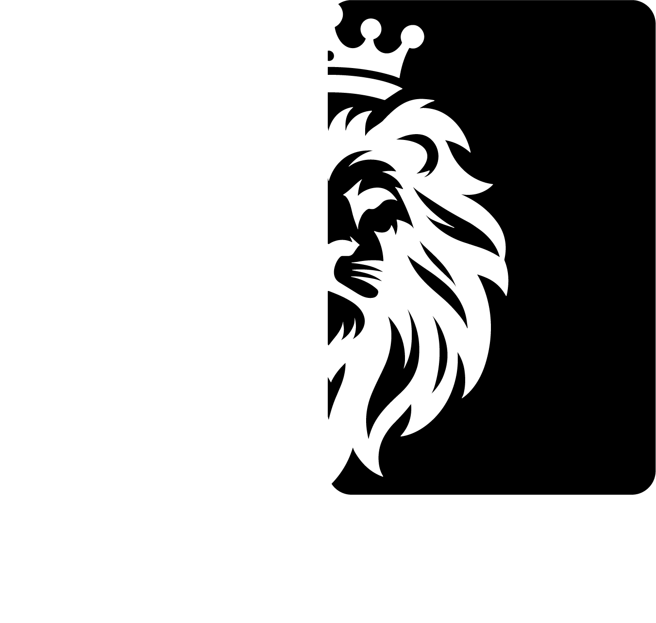 Minimalist, high-contrast graphic of the right half of a crowned lion's face, shown in white against a black background.